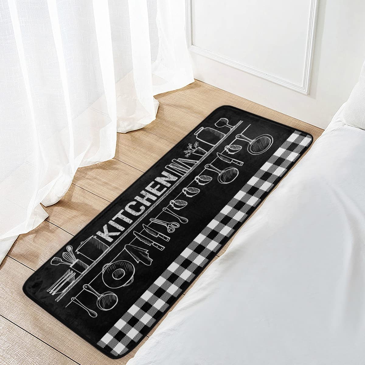 Buffalo Plaid Black Kitchen Rug - Washable Anti-Fatigue Floor Mat with Non-Slip Backing for Kitchen, Dining Room & Entryway - Soft Comfort Cushion for Standing & Cooking
