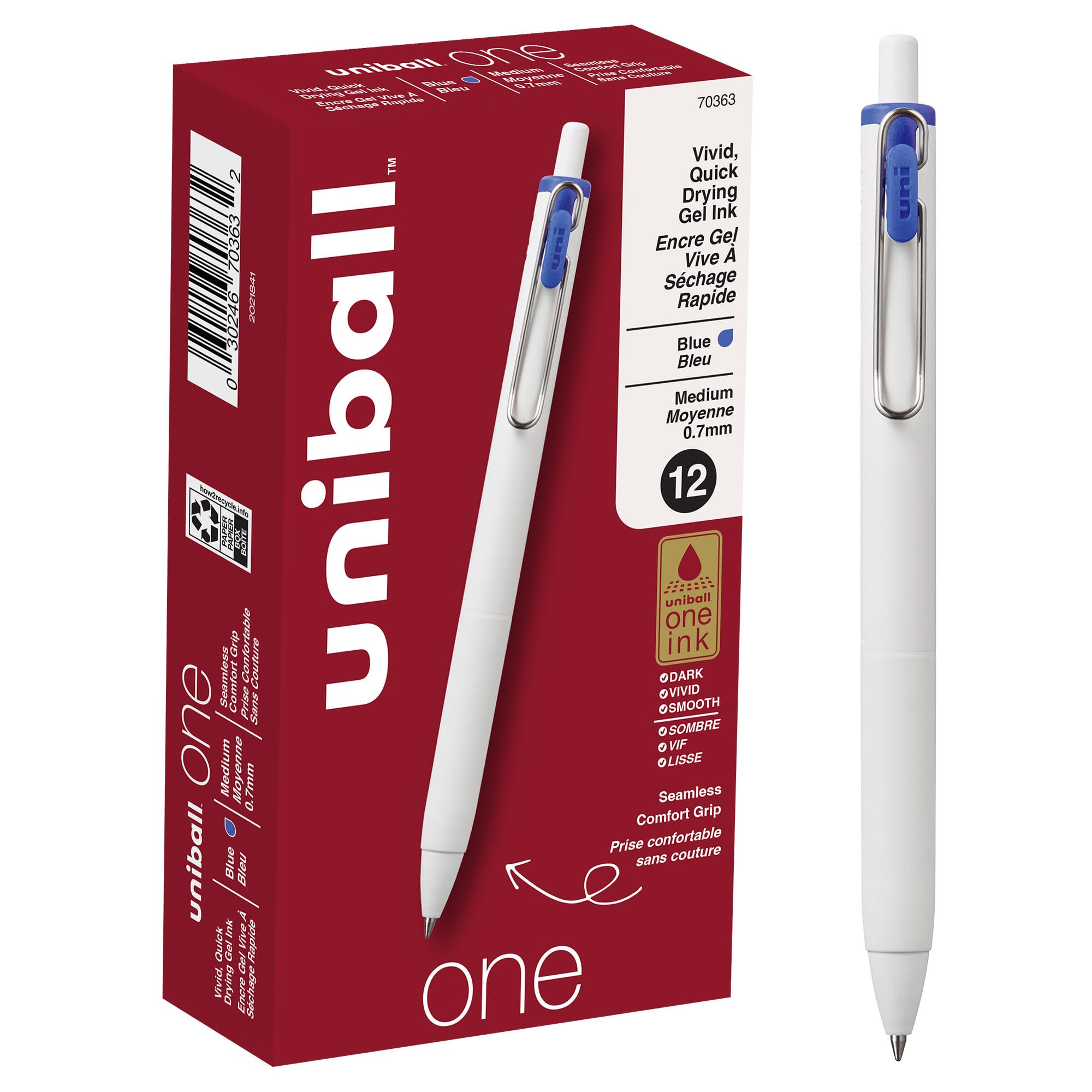Uniball One Gel Pen Set - 12 Pack Blue Medium Point 0.7mm Smooth Writing Gel Pens for Office, School & Journaling | Premium Ink Pens for Note Taking, Bullet Journal & Daily Writing | Bulk Office Supplies by Uni-ball