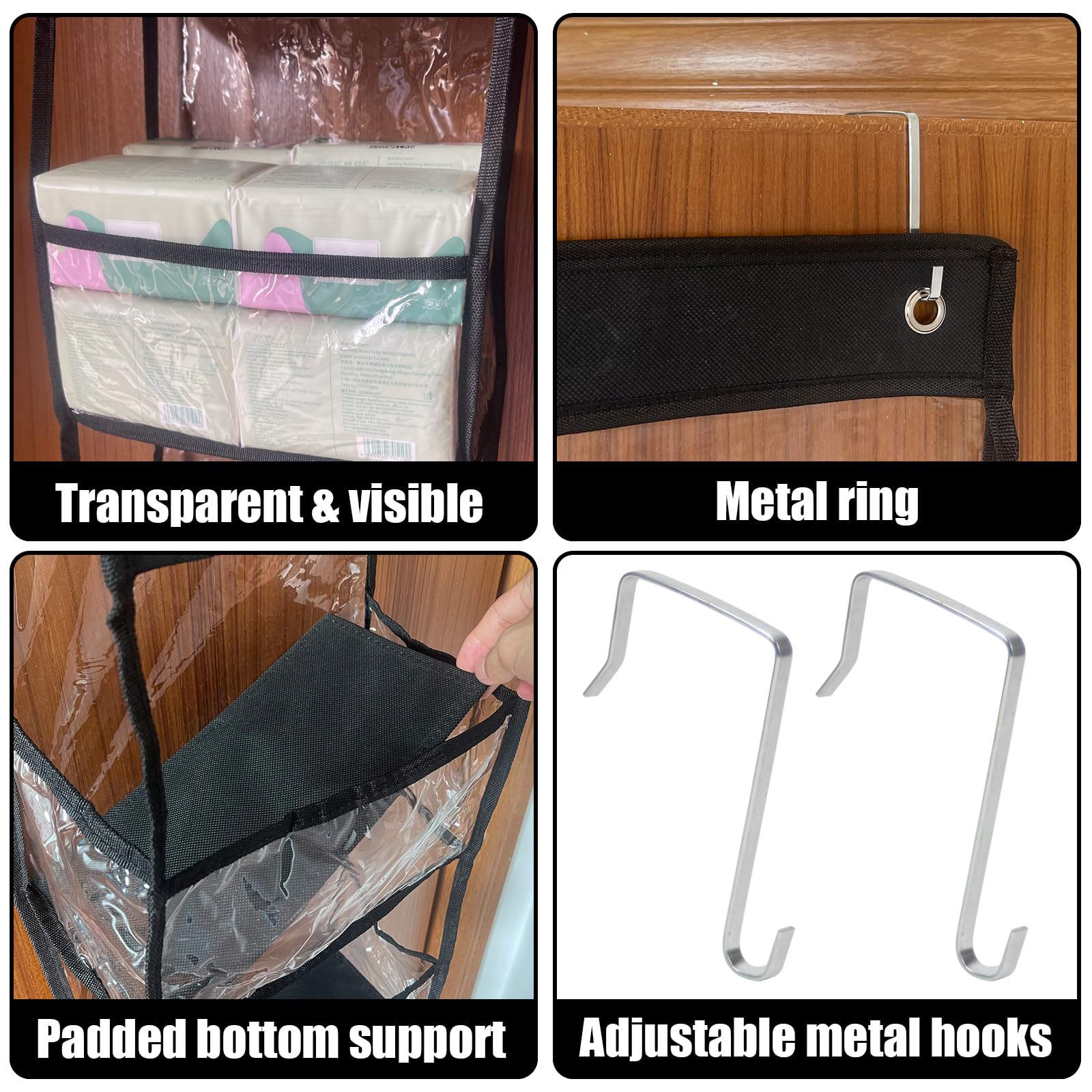 Black 5-Tier Over The Door Hanging Pantry Organizer with Clear Plastic Pockets - Space Saving Storage Solution for Closet, Bedroom, Bathroom - Perfect for Organizing Snacks, Toiletries & Cleaning Supplies