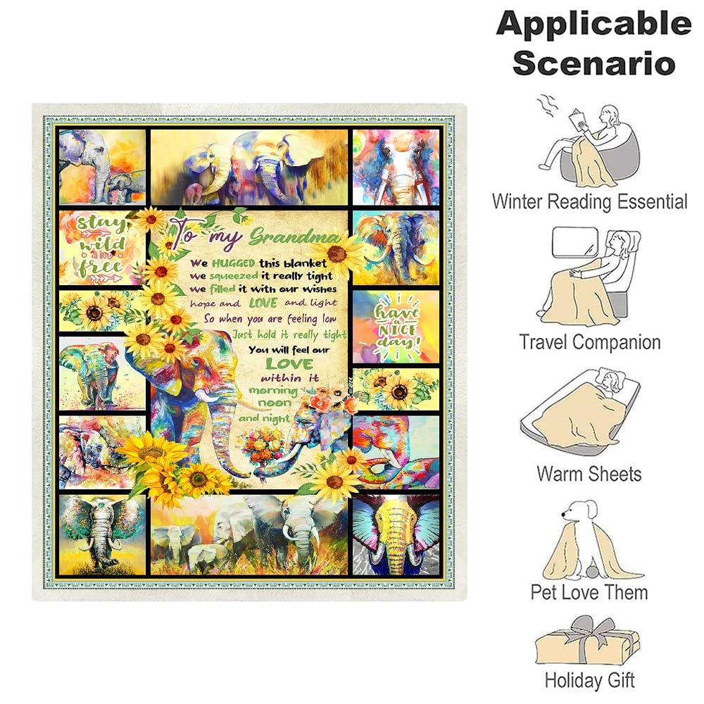Soft Flannel Throw Blanket for Grandma - Cozy Sunflower Elephant Design, Perfect Christmas Birthday Mother's Day Gift for Nana & Great Grandma - Ideal for Sofa, Bed & Family Gatherings