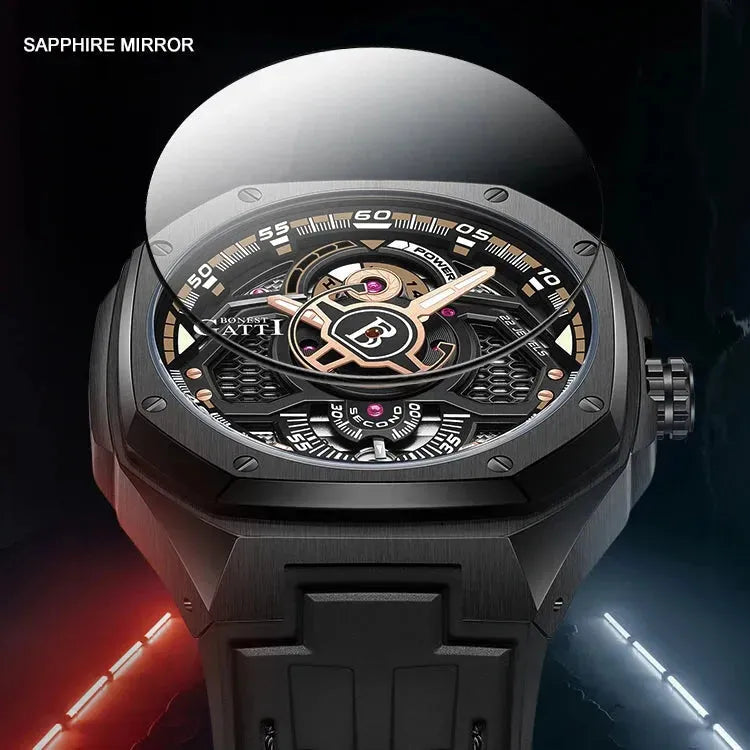 BONEST GATTI Men's Automatic Mechanical Watch - 50M Waterproof, Sapphire Crystal, Luminous Hands, Fluororubber Strap with Power Reserve Display - Perfect for Business, Casual Wear & Outdoor Activities
