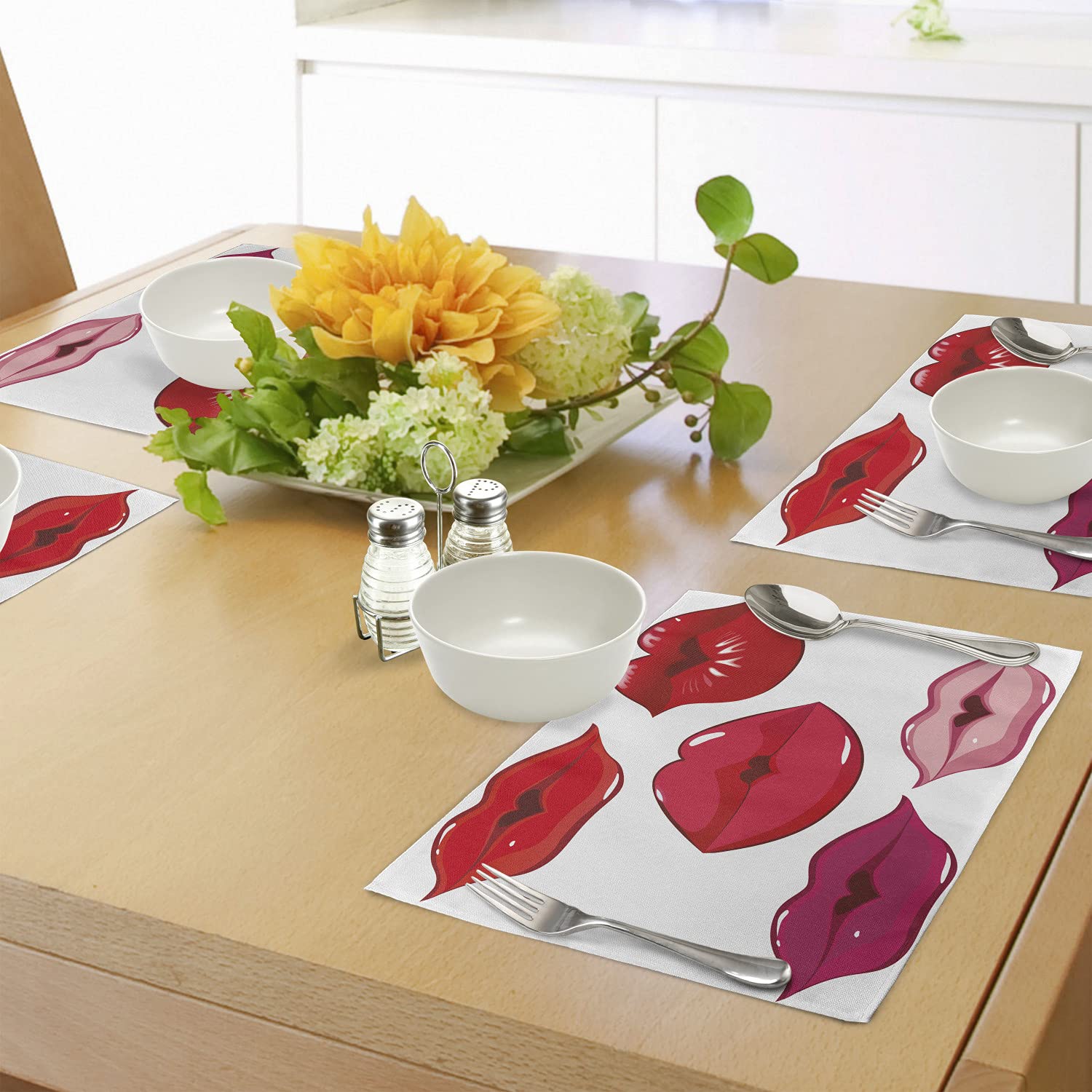 Ambesonne 4-Pack Washable Fabric Placemats for Dining Table - Red & White Kitchen Decor - Perfect for Everyday Meals, Dinner Parties & Holiday Gatherings