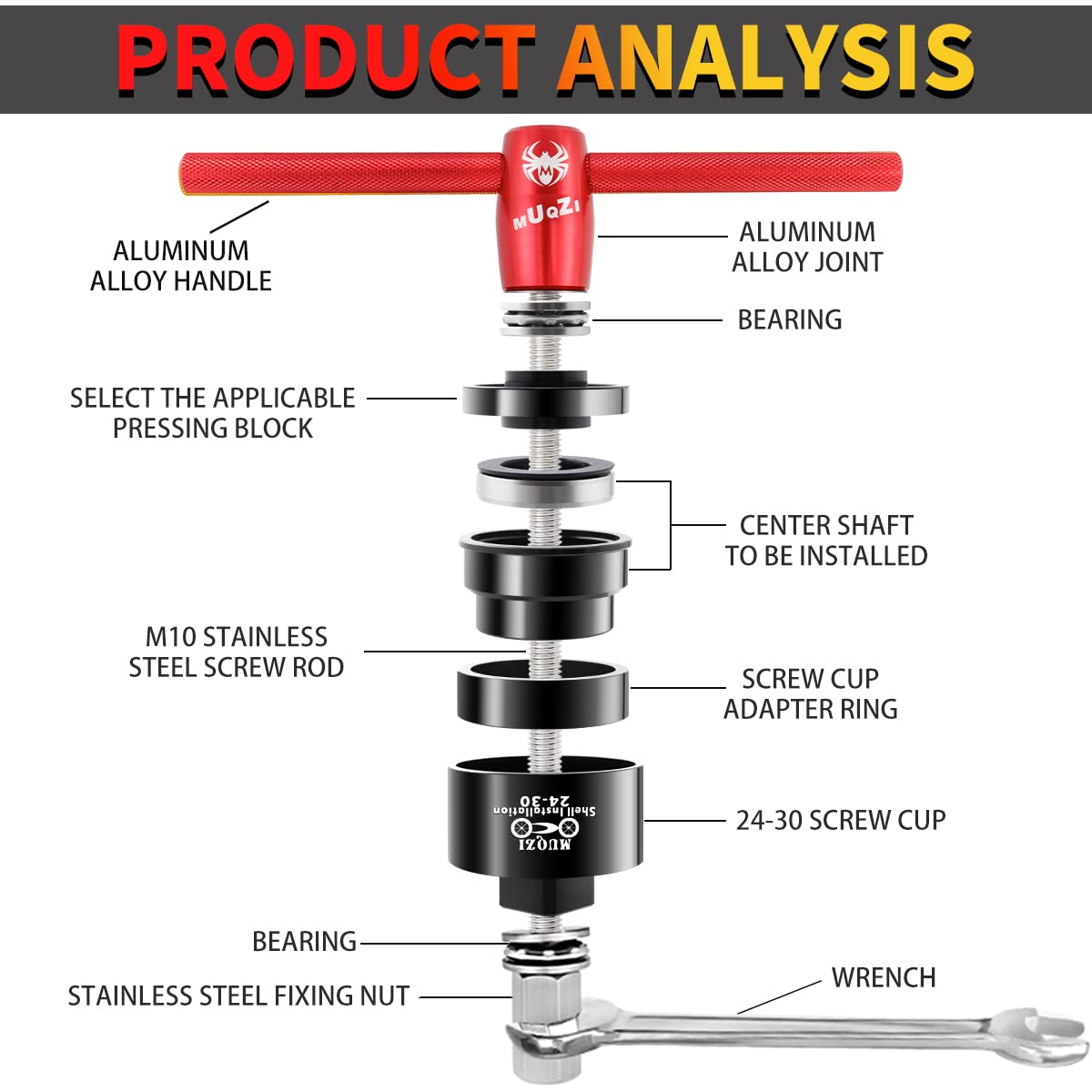 MUQZI Bike Bottom Bracket Bearing Installer & Remover Tool Kit - Compatible with BB86 BB30 BB92 PF30 - Professional MTB & Road Bike Headset Press Tool (Red) - Perfect for Bicycle Maintenance & Repair Shops
