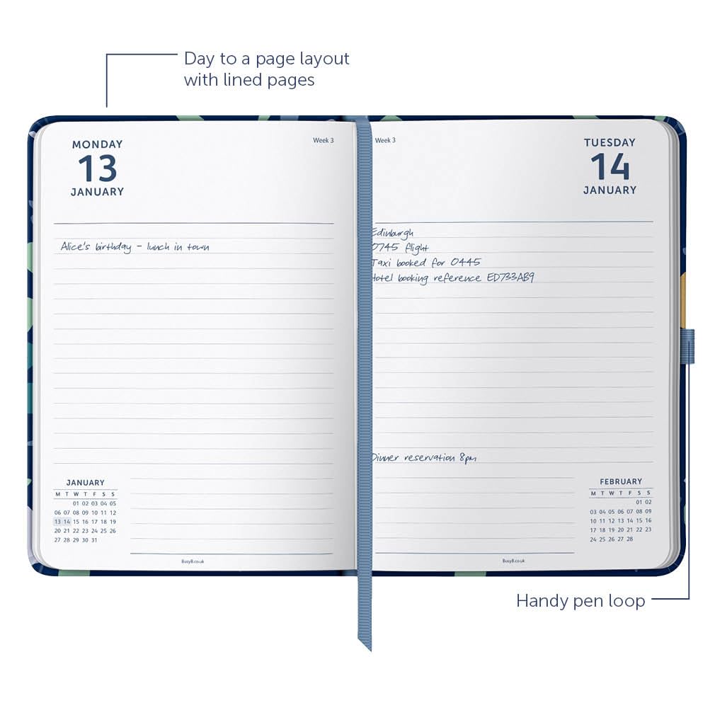 Busy B Mid Year Day a Page Diary August 2024 - August 2025 | Terrazzo A5 Daily Planner with Pen Holder, Elastic Closure & Year Planner | Perfect for Work, School & Personal Organization
