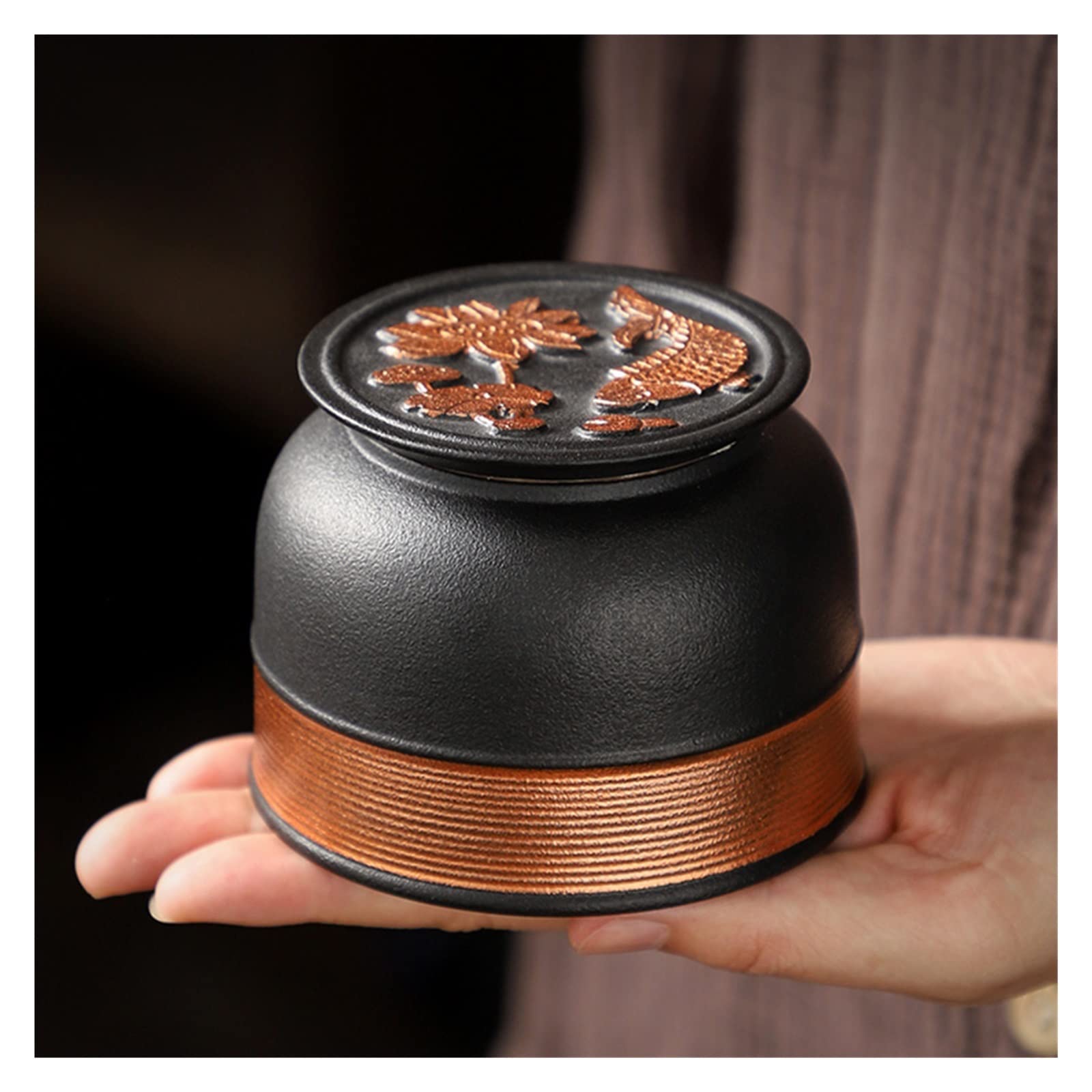 LEIYAN Mini Ceramic Tea Storage Containers - Airtight Tea Tins for Kitchen Food Storage, Traditional Tea Caddy for Tea, Coffee, Honey & Seeds (Black) - Perfect for Home, Office & Travel Use