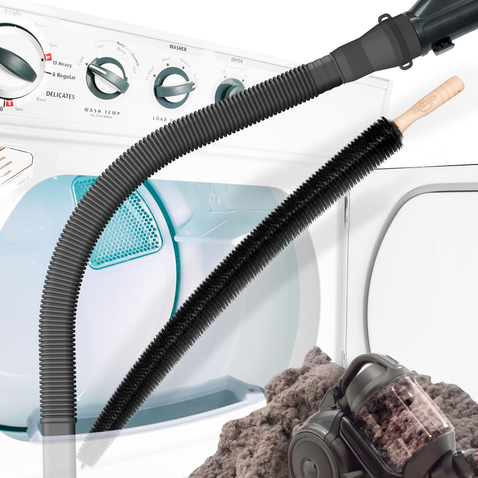 Holikme Upgraded 2-Piece Dryer Vent Cleaning Kit - Lint Remover Vacuum Attachment & Brush for Most Vacuum Cleaners - Efficient Lint Removal for Safer Dryer Performance - Perfect for Home Laundry, RV & Apartment Maintenance