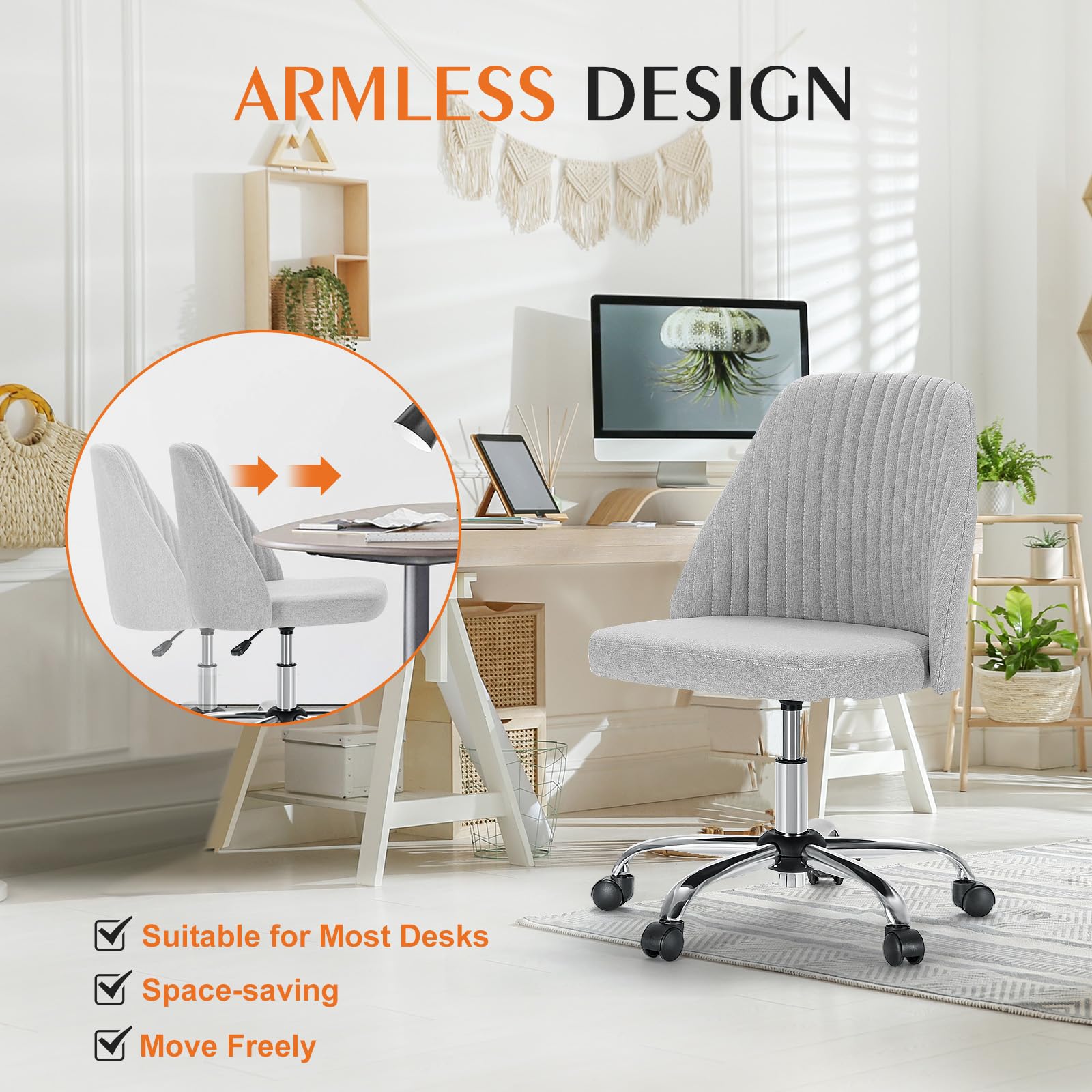 Sweetcrispy Armless Office Chair - Modern Fabric Swivel Desk Chair with Wheels & Adjustable Height, Ergonomic Computer Task Chair for Small Spaces | Perfect for Home Office, Study Room & Vanity Area