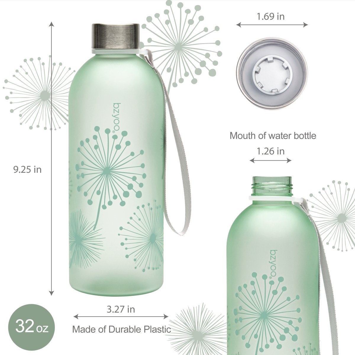 32oz Time Marker Tritan Water Bottle with Carrying Strap - BPA Free Leak Proof Sports Water Bottle for Gym, Hiking & Outdoor Activities - Dandelion Green