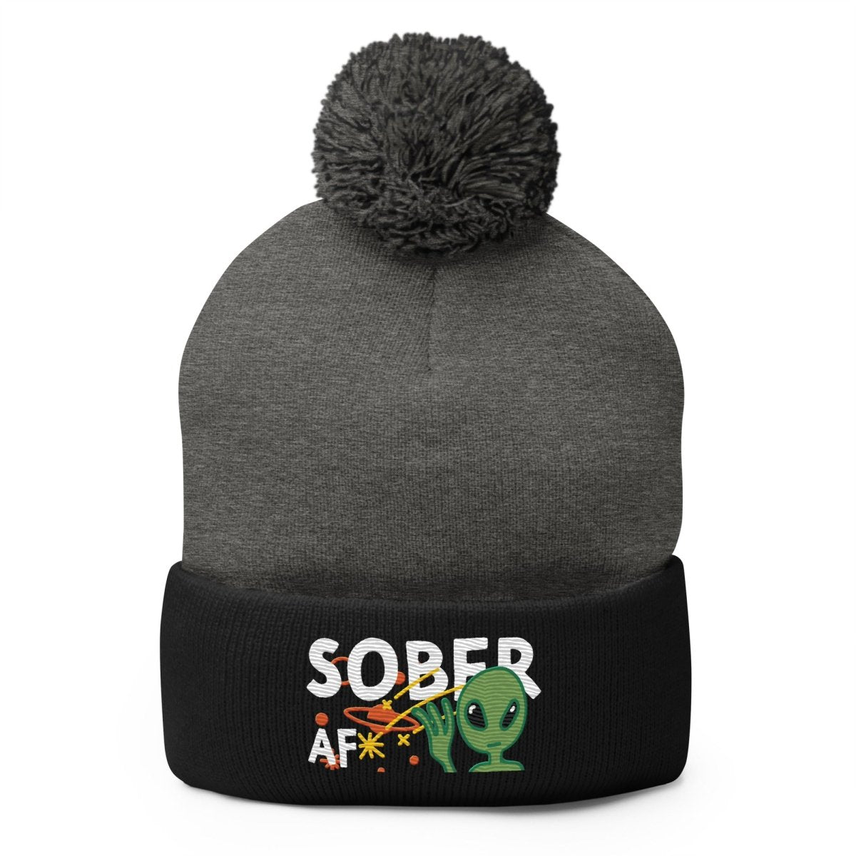 Sober AF Embroidered Pom Pom Beanie - Funny Galaxy Design for Winter Warmth & Recovery Support | Perfect for AA Meetings, Cold Weather & Sober Living