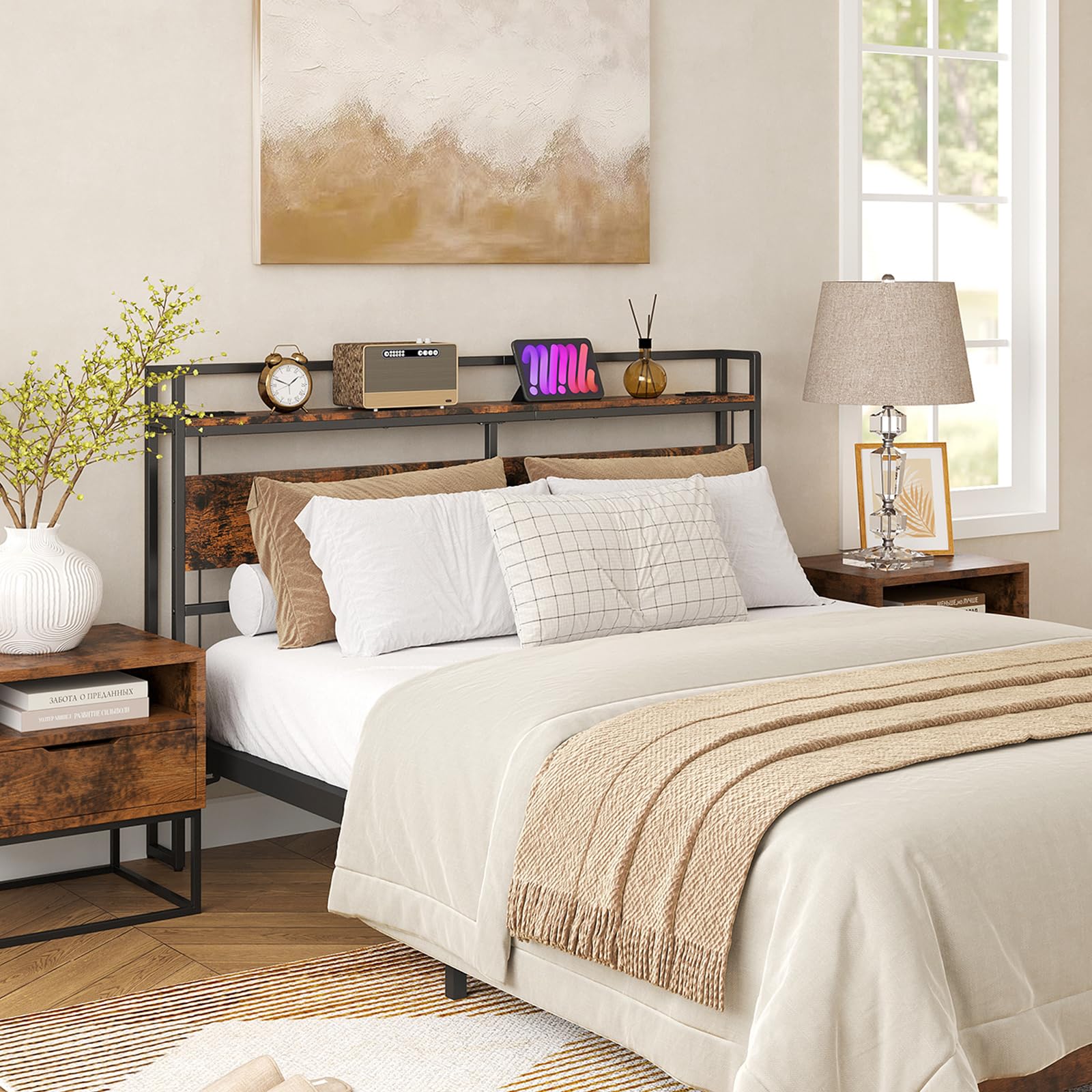 ELYKEN Queen Size Headboard with USB Ports, LED Lights & Outlets - Freestanding Bed Backboard with Shelf, Adjustable for Different Bed Frames - Rustic Brown - Perfect for Bedroom Upgrade, Guest Room & Modern Home Decor