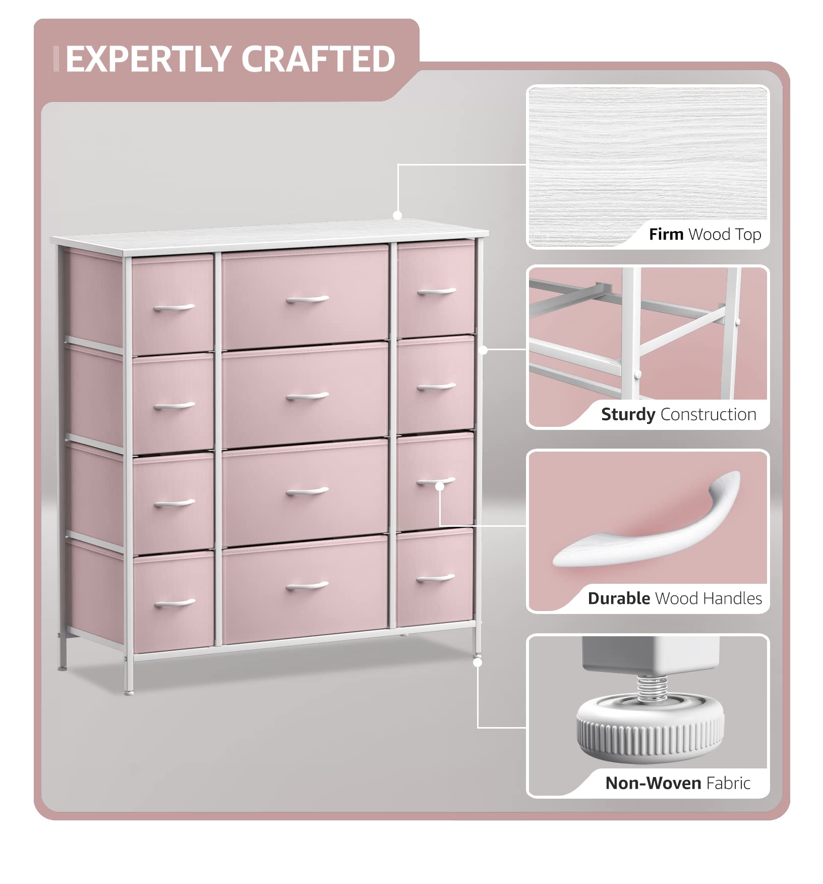 Sorbus 12-Drawer Kids Dresser Organizer with Steel Frame & Wood Top - Large Fabric Bin Storage for Clothes, Toys & Nursery Essentials - Perfect for Bedroom, Hallway, Kids Room & Closet Organization (Pink)