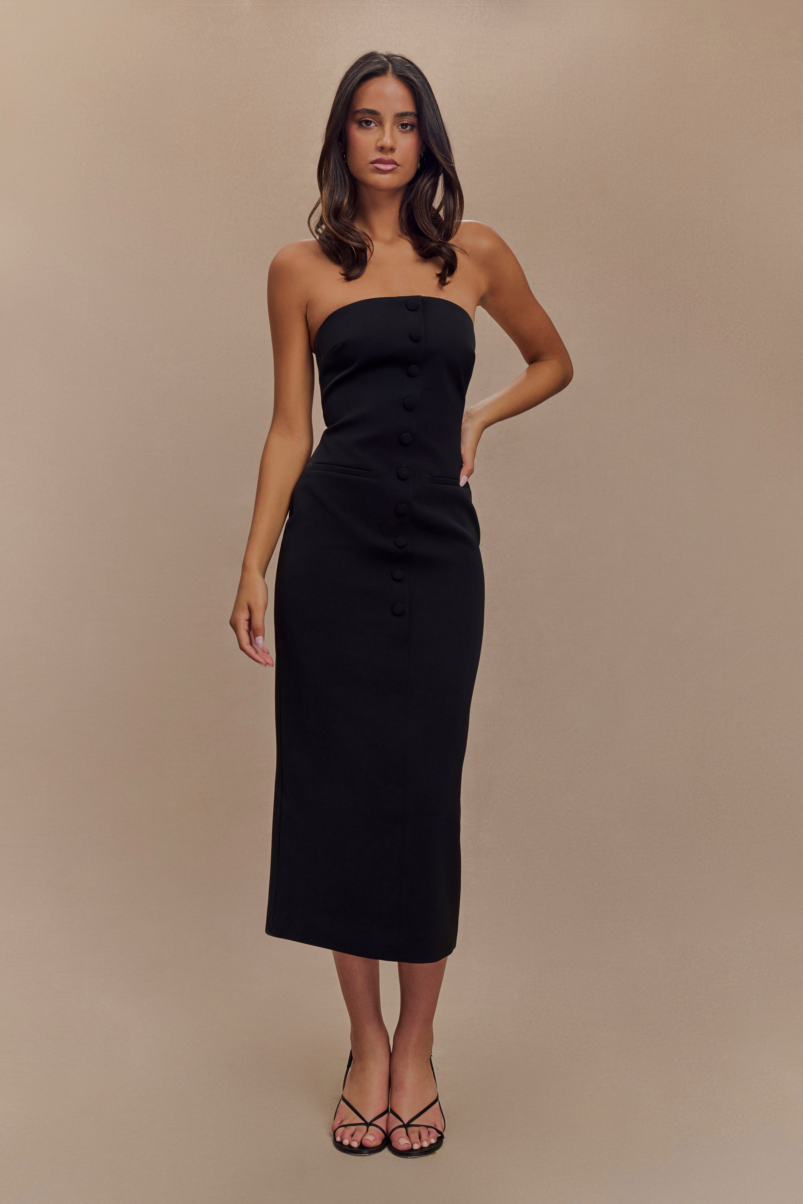 Sussan Strapless Midi Dress for Women - Elegant Black Summer Cocktail Party Dress for Wedding, Beach Vacation & Date Night