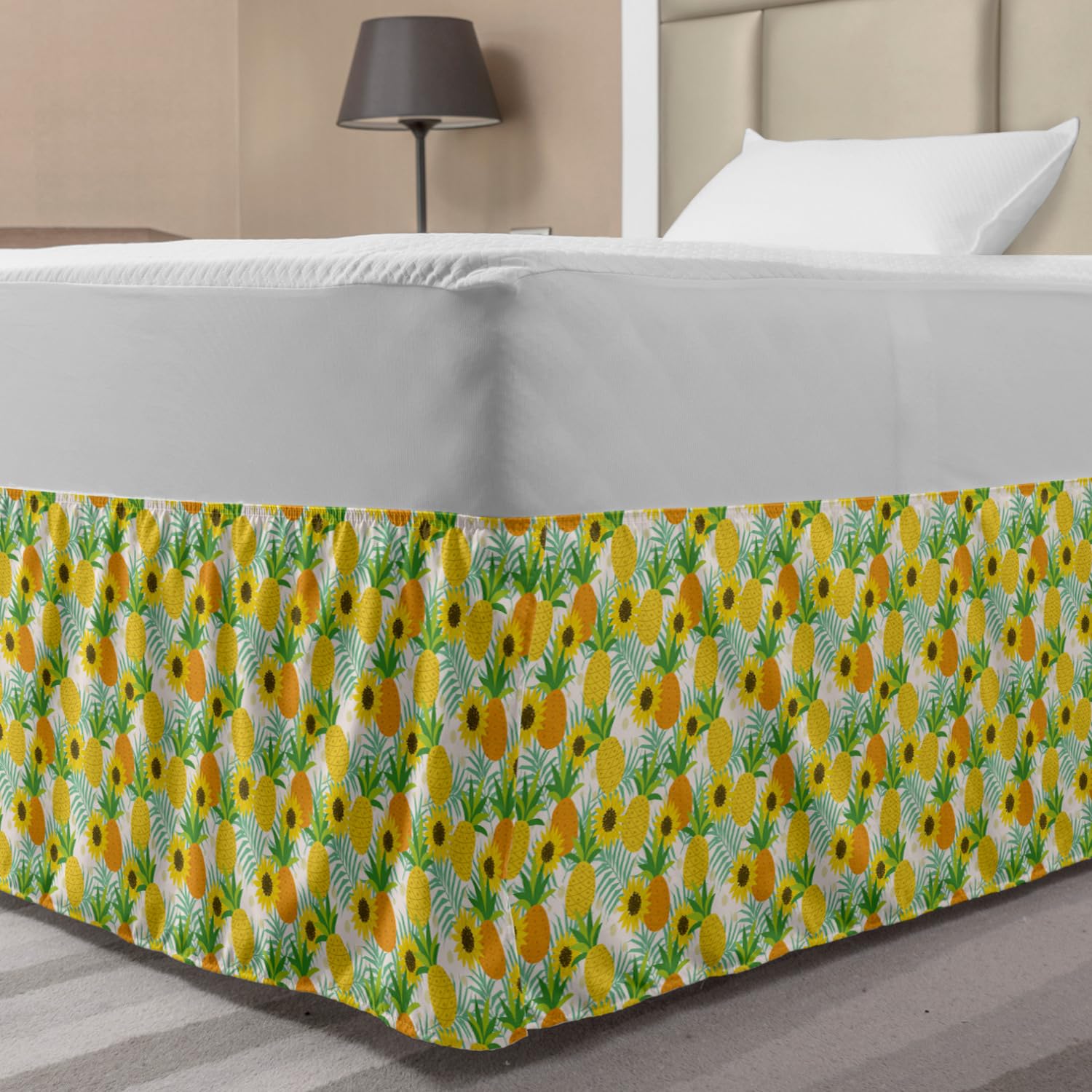 Ambesonne Summer Bed Skirt - Sunflower & Pineapple Doodle Design, Elastic Wrap Around Gathered Bedroom Decor for Twin/Twin XL - Perfect for Boho & Farmhouse Style Bedrooms