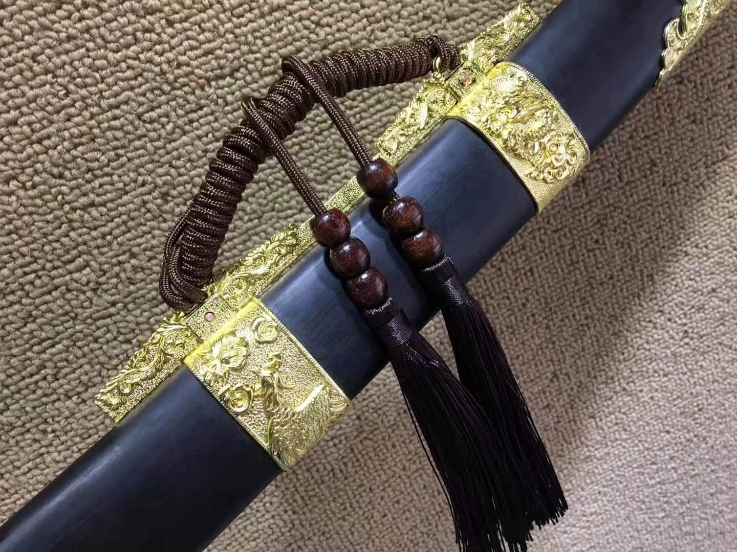 Hand Forged Chinese Broadsword - Pattern Steel Blade with Alloy & Black Wood Handle - Heat Tempered Sword for Martial Arts Training, Cosplay & Collectors