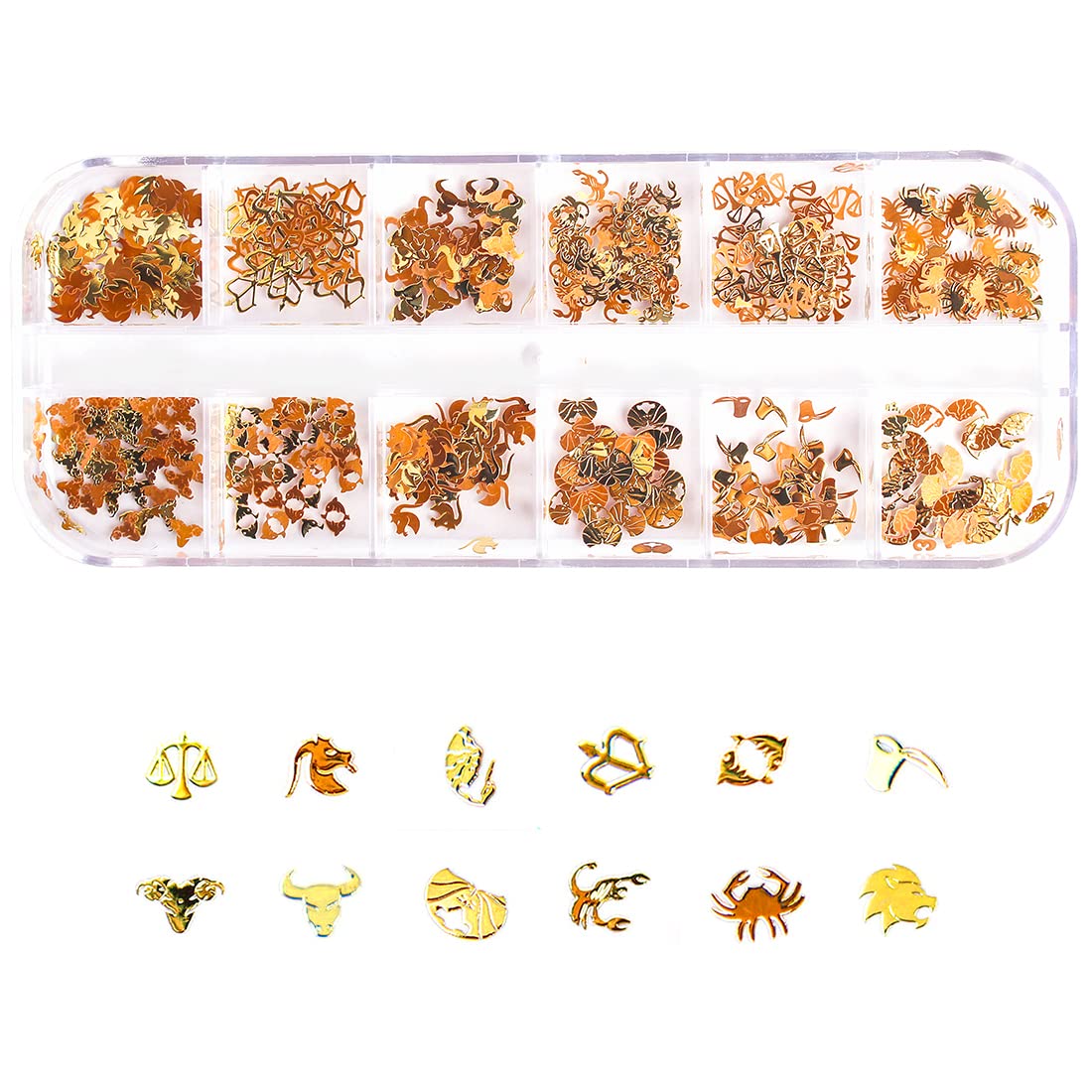 2 Boxes 1200pcs Zodiac Nail Art Charms - Twelve Constellation Gold Nail Stickers & Sequins for Nail Art Decoration | Perfect for DIY Manicures, Salon Nail Designs, and Zodiac-Themed Nail Art