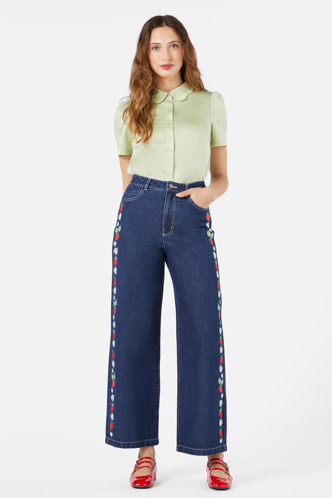 Sweet Jam Embroidered Jeans for Women - Stylish Distressed Denim Pants with Floral Embroidery - Perfect for Casual Outings and Boho Fashion Looks