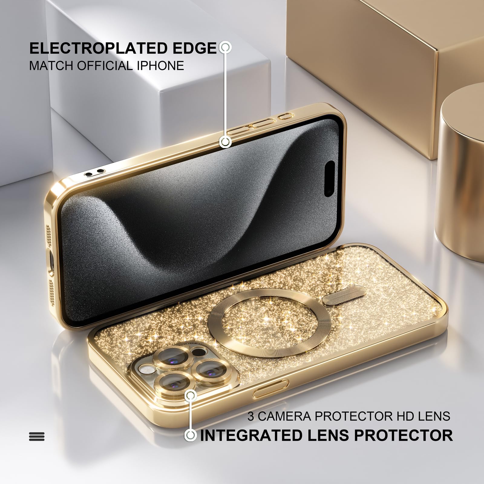 Misea Magnetic iPhone 15 Pro Max Case with MagSafe Compatibility | Military-Grade Drop Protection & Full Camera Lens Cover | Glitter Soft Phone Case for Women & Girls (Gold) | Perfect for Everyday Use, Travel & Outdoor Activities