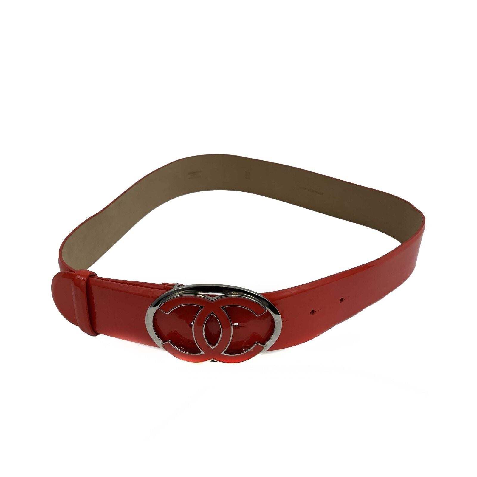 Chanel 09C Patent Leather CC Logo Buckle Belt - Coral Orange, Size 32/80 - Luxury Designer Accessory for Women | Perfect for Office, Evening & Special Occasions