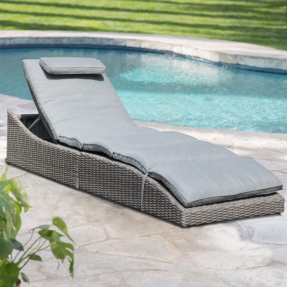 Premium Folding Outdoor Adjustable Chaise Lounge Chair with Removable Cushion - Fully Assembled PE Rattan Recliner for Patio, Pool & Beach - Gray - Perfect for Sunbathing, Relaxing & Outdoor Lounging