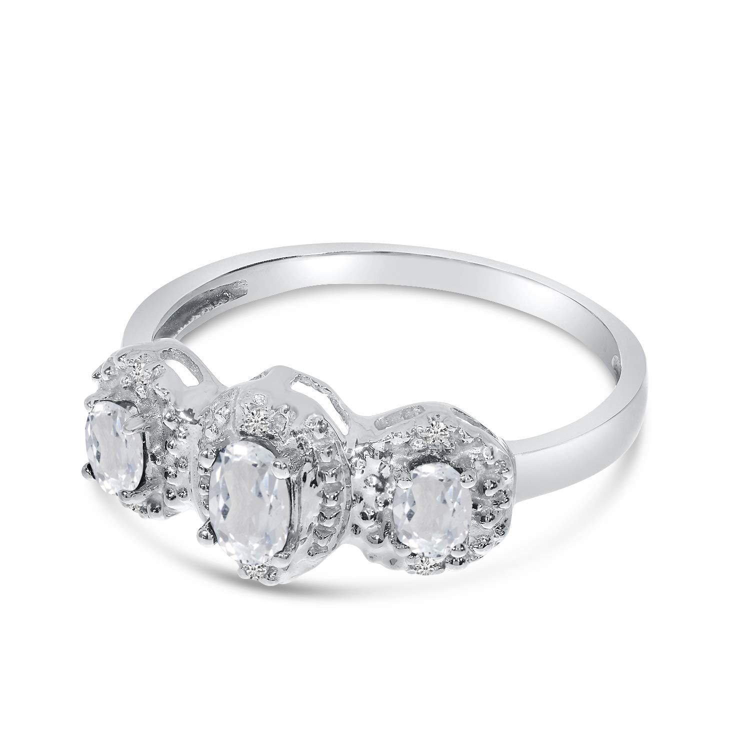14K White Gold Oval White Topaz & Diamond Three Stone Ring for Women – Elegant Bridal, Engagement & Anniversary Jewelry Gift
