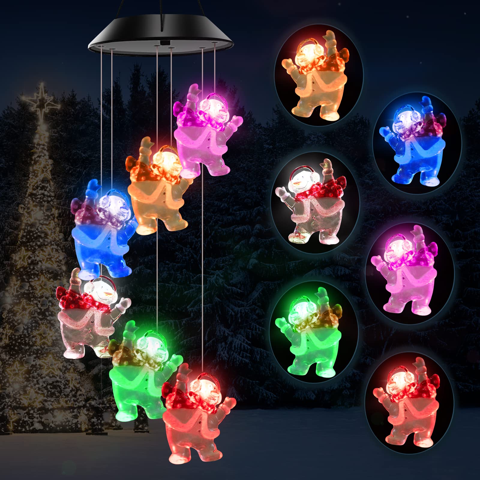 Color Changing Snowman Solar Wind Chime with LED Lights - Outdoor Hanging Wind Bell for Patio, Garden & Home Decoration - Spinning Hook & Night Light for Cozy Ambience