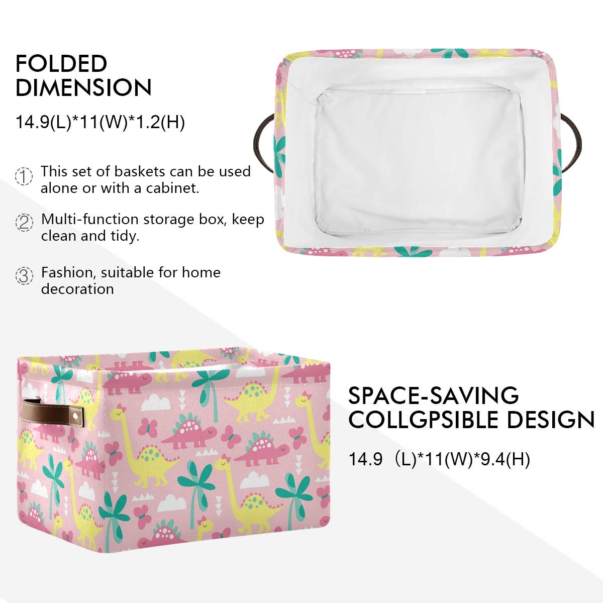 Pink Dinosaur Storage Basket - Large Collapsible Canvas Cube Bin Organizer for Home, Office, Closet (15
