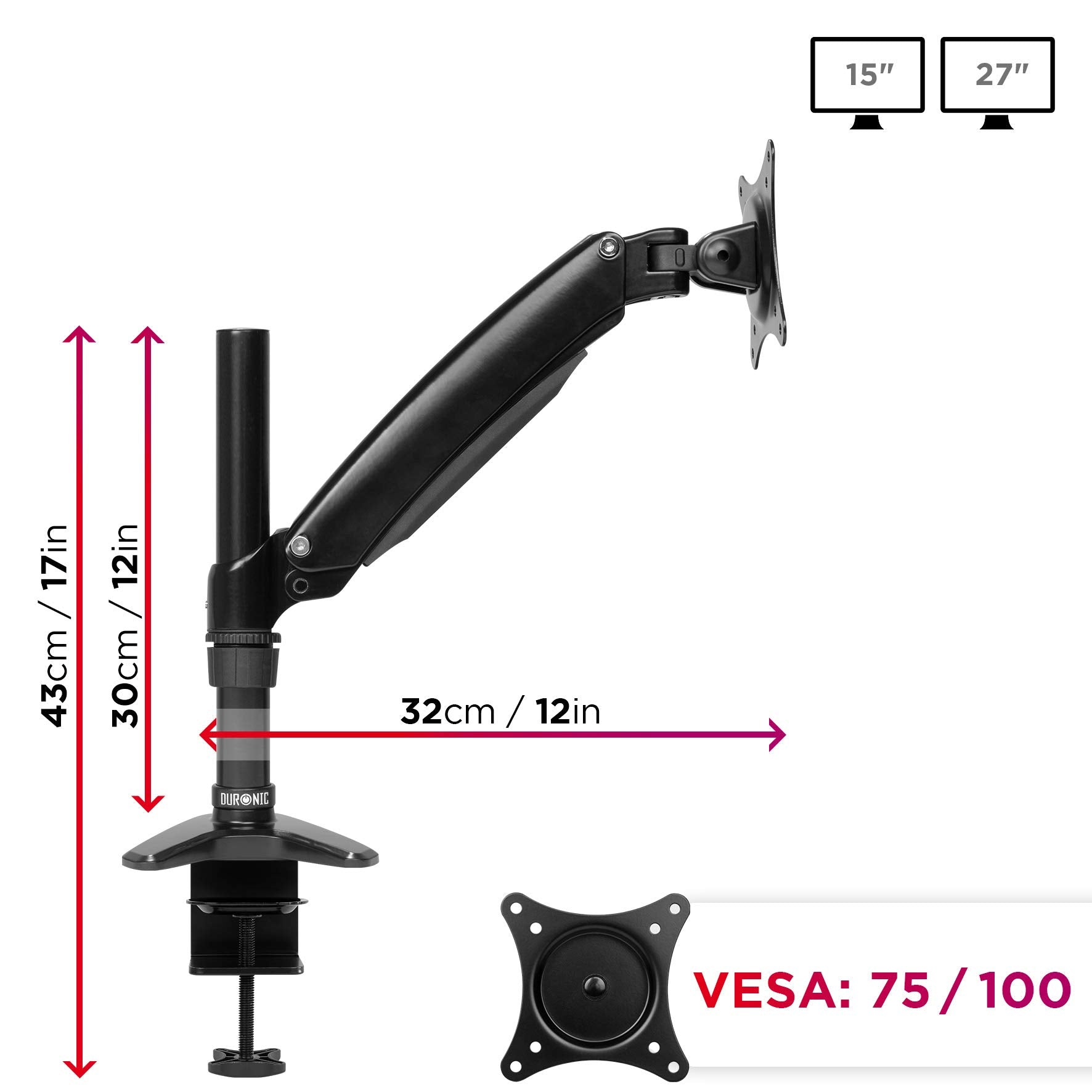 Duronic DM551X1 Single Monitor Arm Stand - Adjustable Aluminum Desk Mount for 15-27