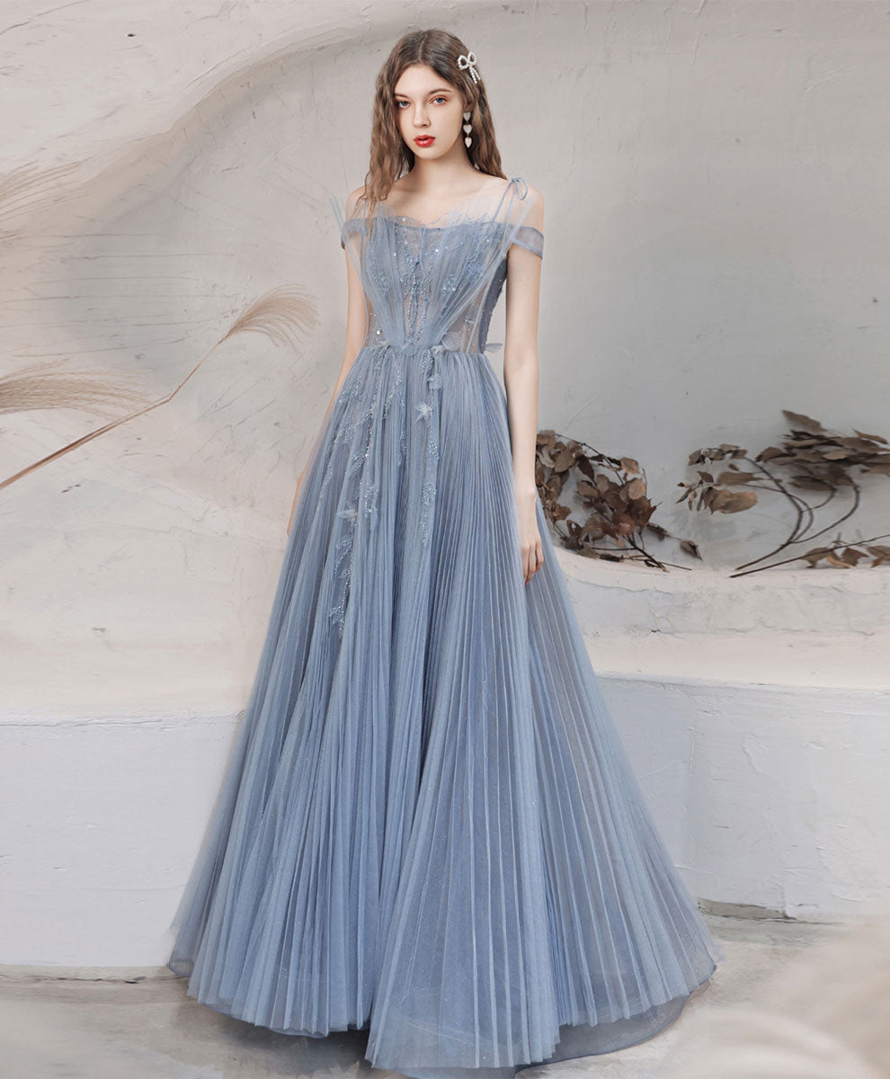 Elegant Blue A-Line Off Shoulder Long Prom Dress with Beading - Formal Graduation Gown for Women - Perfect for Prom Night, Homecoming & Special Occasions