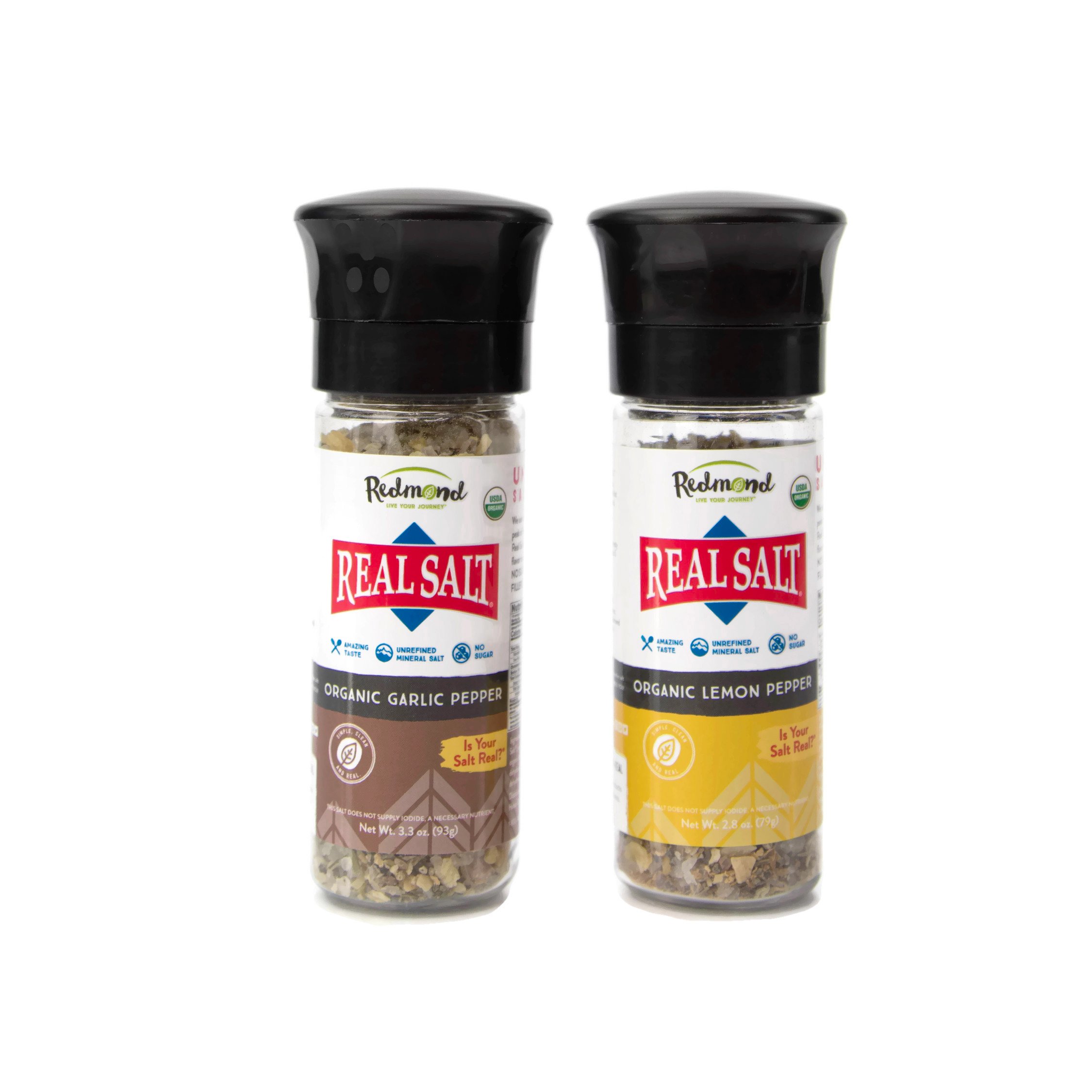 Redmond Real Sea Salt - Natural Unrefined Organic, Gluten-Free Coarse Salt with Grinder (Lemon Pepper & Garlic Pepper) | Perfect for Cooking, Seasoning & Gourmet Meals