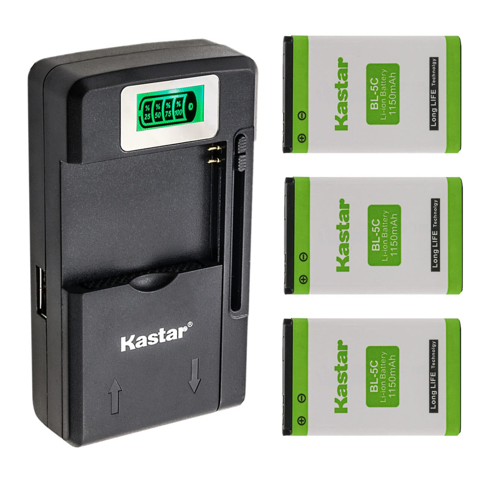 Kastar 3-Pack BL-5C Replacement Battery with Smart LCD Charger for NGM Boris/Clio/Dandy/Joy/Maxx/Oscar/Play/PM1111 - Perfect for Travel, Emergency Power & Daily Phone Use