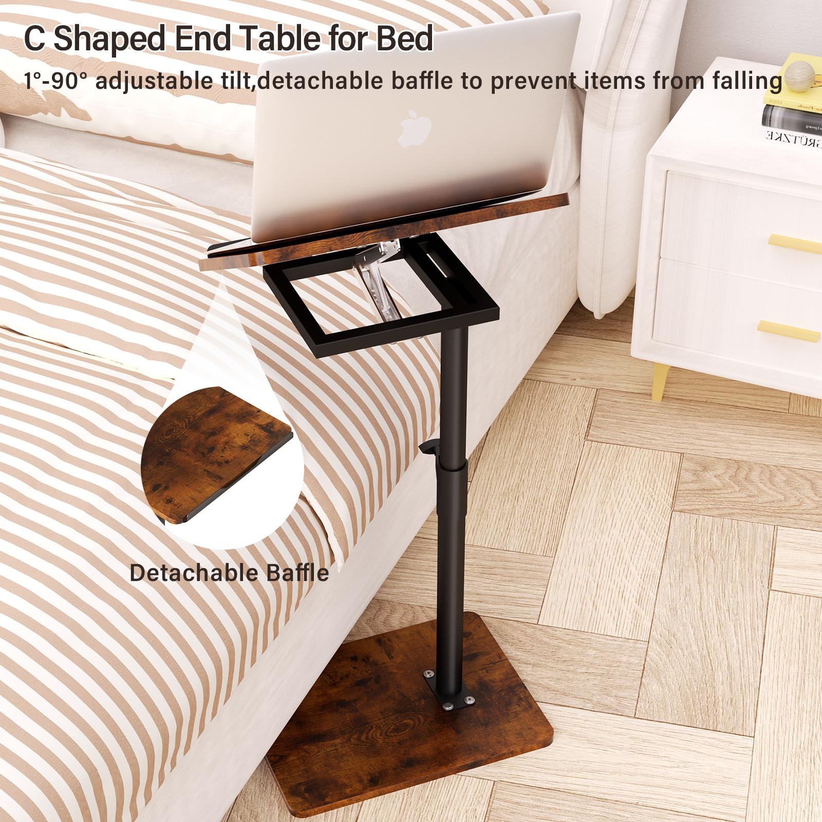360° Swivel Adjustable Couch Armrest Tray Table - Height Adjustable Side Table for Sofa, Bed & Chair with Phone/Tablet Slot - Perfect for Snacking, Reading & Working in Small Spaces (Rich Finish, Angle Adjustable)