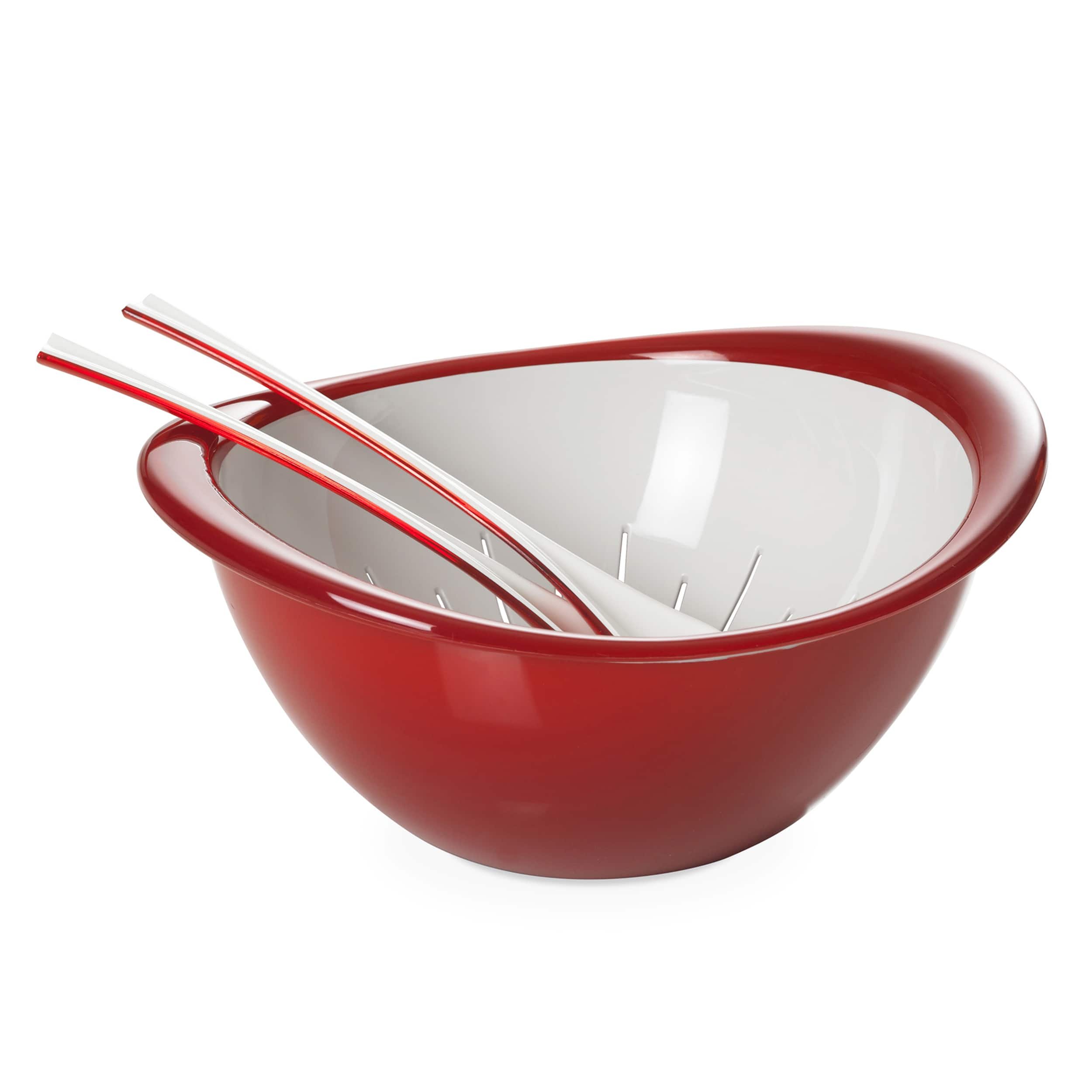 Premium Stainless Steel Nesting Salad Serving Set with Colander - 3-Piece Kitchen Utensils for Mixing, Draining & Serving - Perfect for Salads, Pasta, Fruits & Vegetables (Ruby Red)