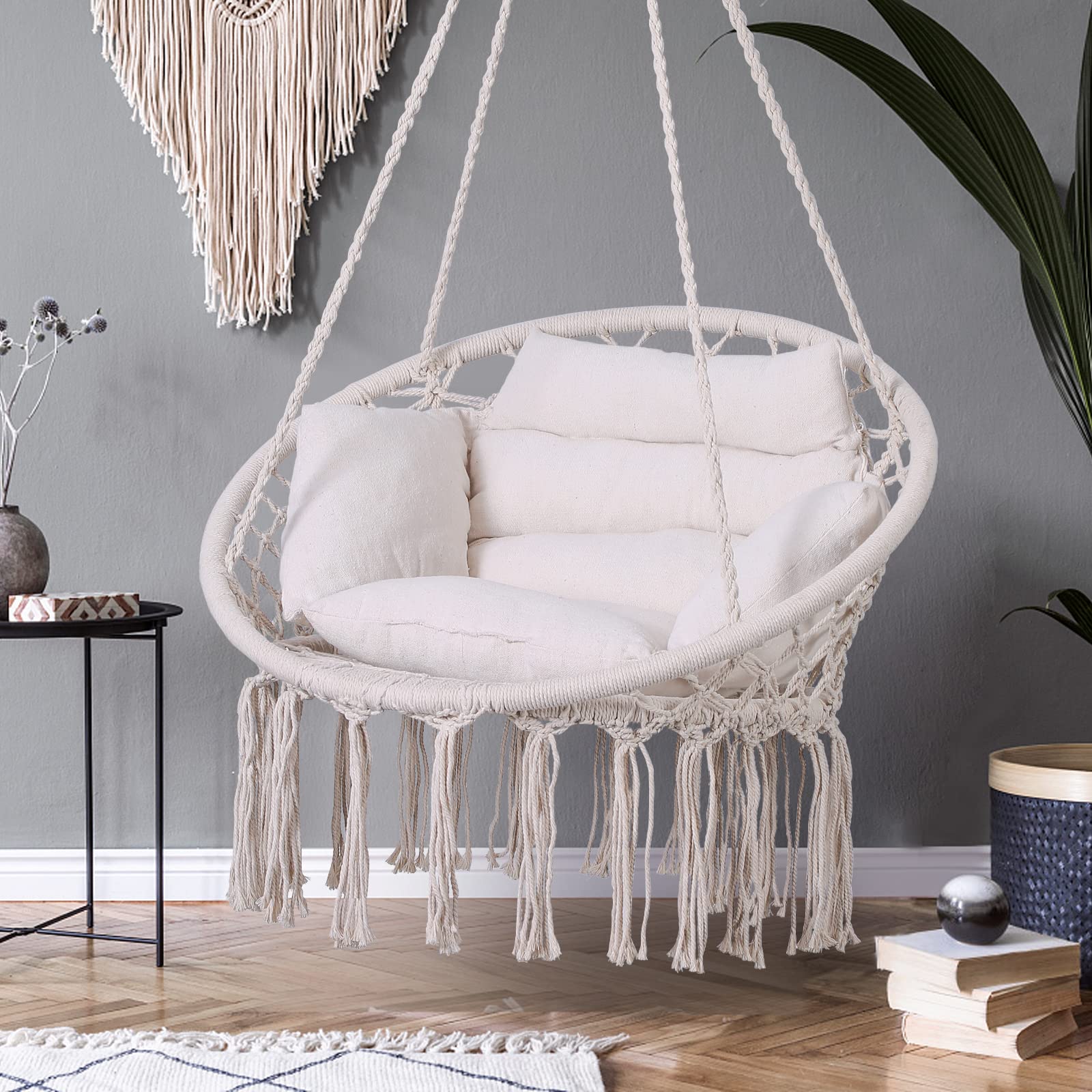 Goutime Macrame Hanging Swing Chair with Cushion & Hardware Kit - Outdoor Hammock Chair for Patio, Balcony, Bedroom - Comfortable Adult Swing Seat (Gray) - Perfect for Relaxing, Reading & Lounging