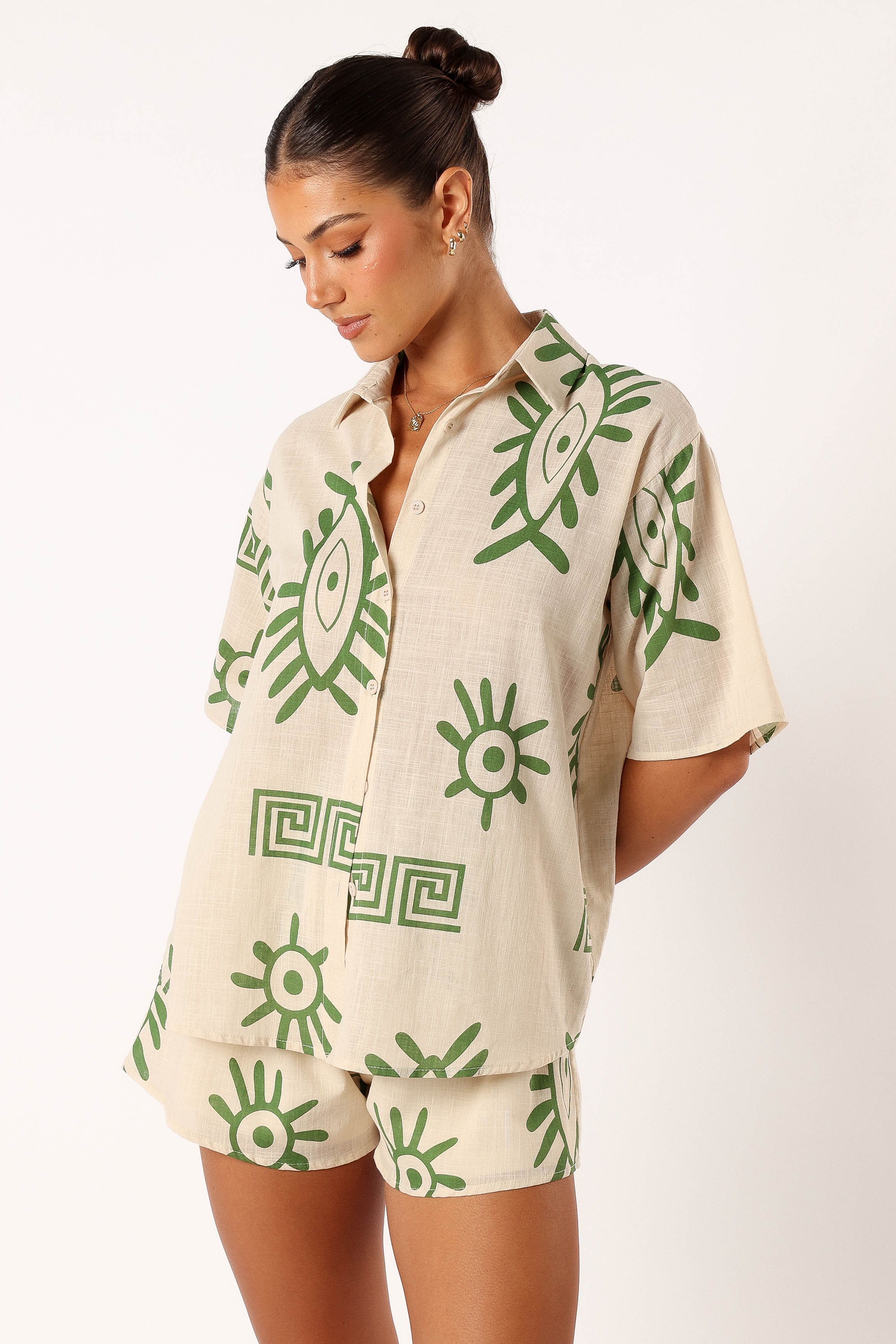 Baci Women's Short Sleeve Top and Shorts Set - Beige & Green Outfit for Summer, Casual Wear, Beach Vacation, and Lounge Comfort