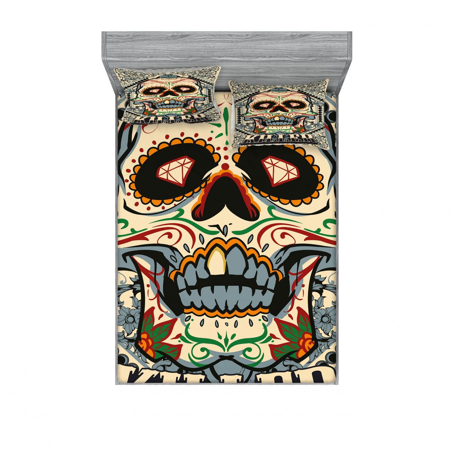 Ambesonne Sugar Skull 2-Piece Queen Fitted Sheet Set with 4 Pillow Shams - Gothic Day of the Dead Bedding Decor in Vibrant Colors - Perfect for Halloween, Día de Muertos Celebrations & Gothic Bedroom Themes