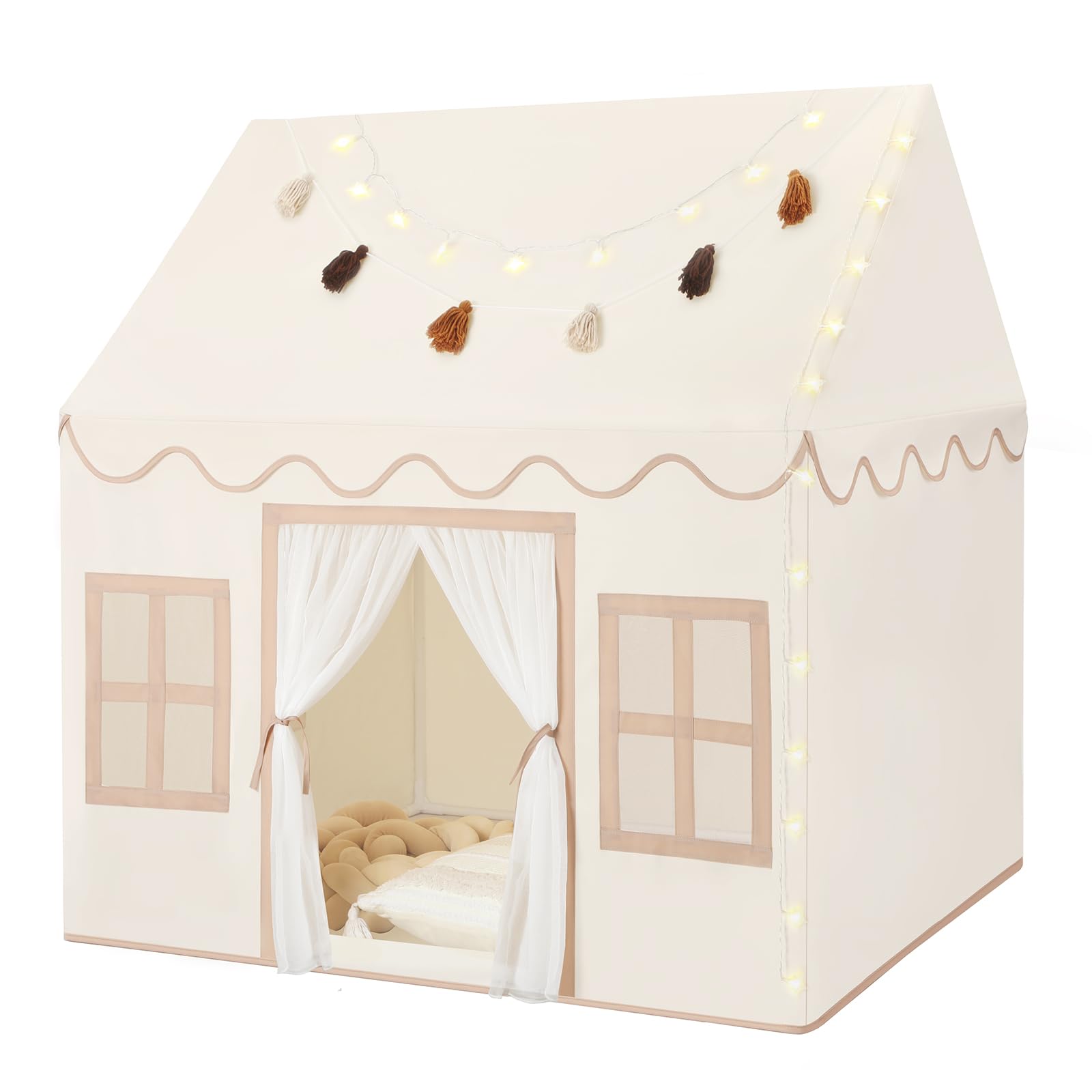Kids Play Tent Indoor with Mat, Tassel Garland & Star Lights - Foldable Playhouse for Toddlers & Children | Perfect for Boys & Girls Birthday Gifts, Bedroom Decor, Reading Nook & Imaginative Play
