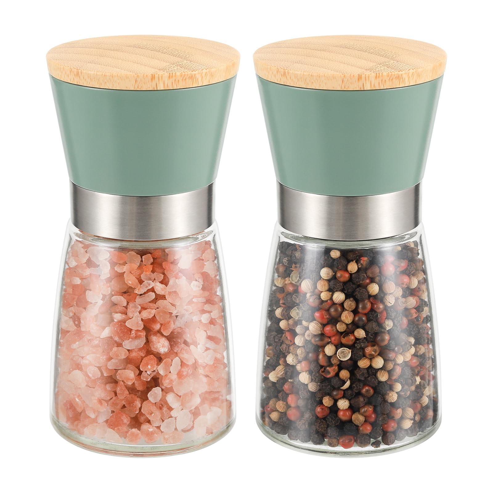 Premium Bamboo Salt and Pepper Grinder Set - Adjustable Ceramic Burr Mill for Coarse to Fine Seasoning - Refillable Manual Kitchen Shakers (Green) - Perfect for Cooking, Dining & Gourmet Gift Giving