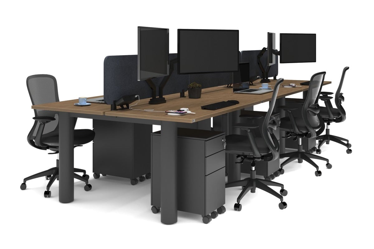 Quadro Cylinder Leg 6-Person Office Workstation Desk - 1400L x 800W with Cable Management Scallop - Modern Open Office Layout, Team Collaboration Space, Shared Workspace Solution
