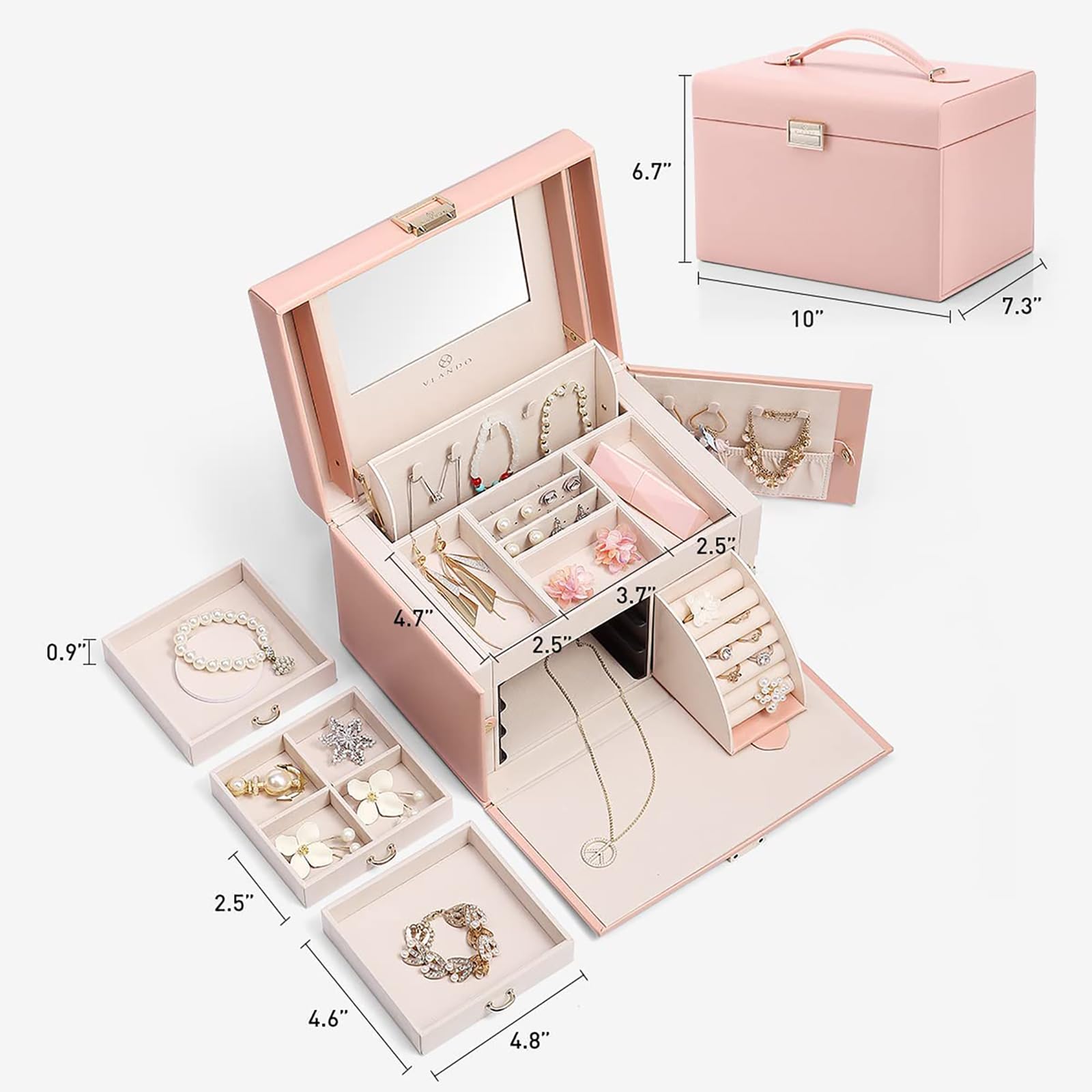 Vlando Leather Jewelry Box Organizer - Mirror Jewelry Storage Case for Necklaces, Earrings, Rings & Bracelets - Pink Jewelry Organizer for Dresser, Vanity & Travel | Perfect Gift for Women & Girls
