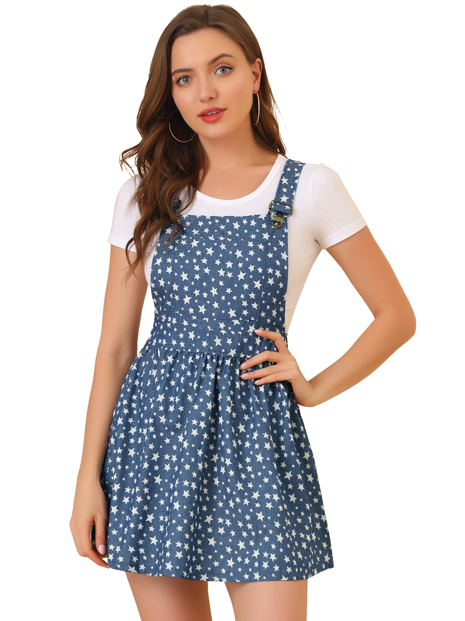 Allegra K Women's Printed Chambray Pinafore Dress with Adjustable Straps - Stylish Mini Overalls for Casual Outings, Date Nights & Summer Fashion