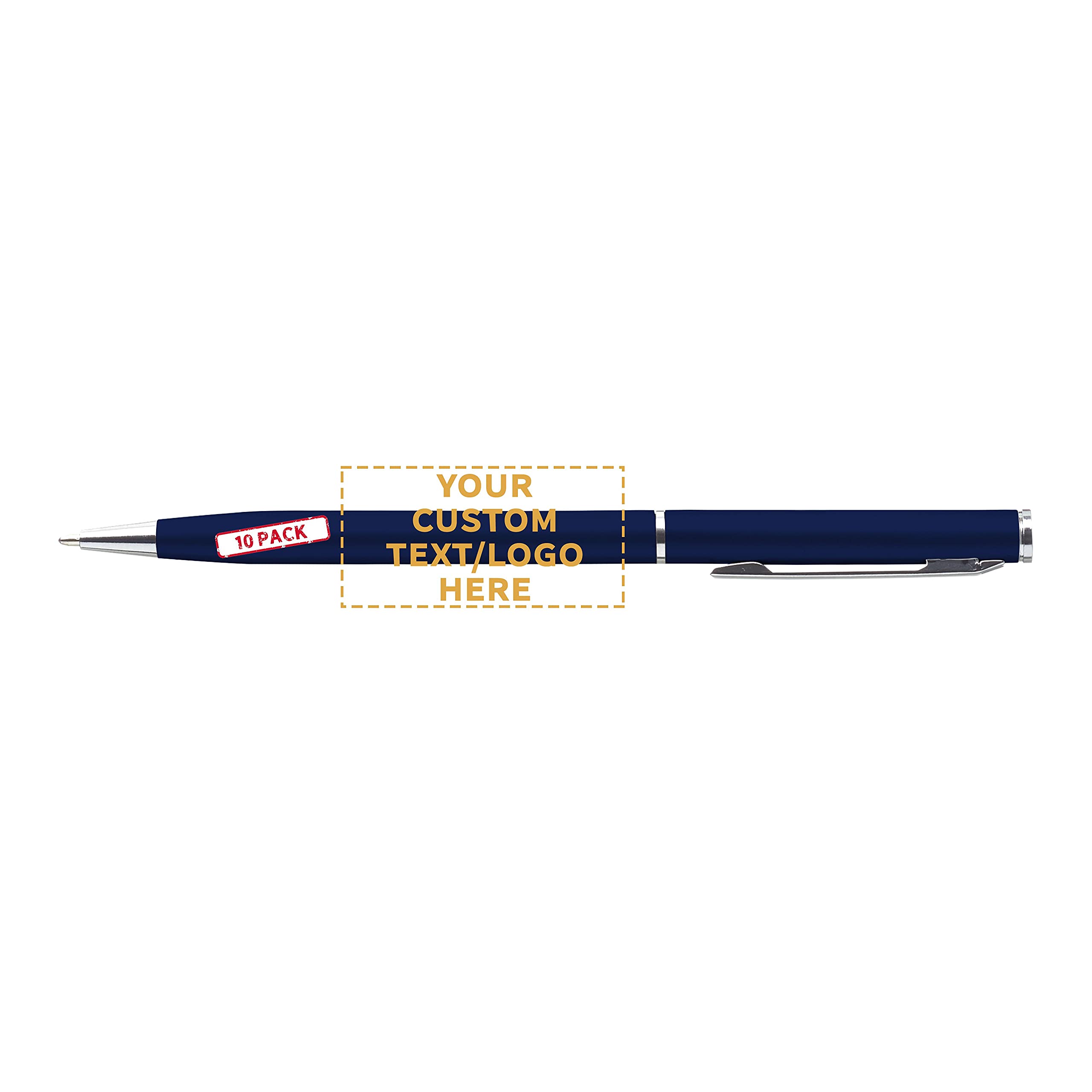 10 Pack Customizable Skinny Ballpoint Metal Pens with Black Ink - Sleek Twist-Off Design for Office, School & Gifts - Engrave Your Logo or Text (Blue)