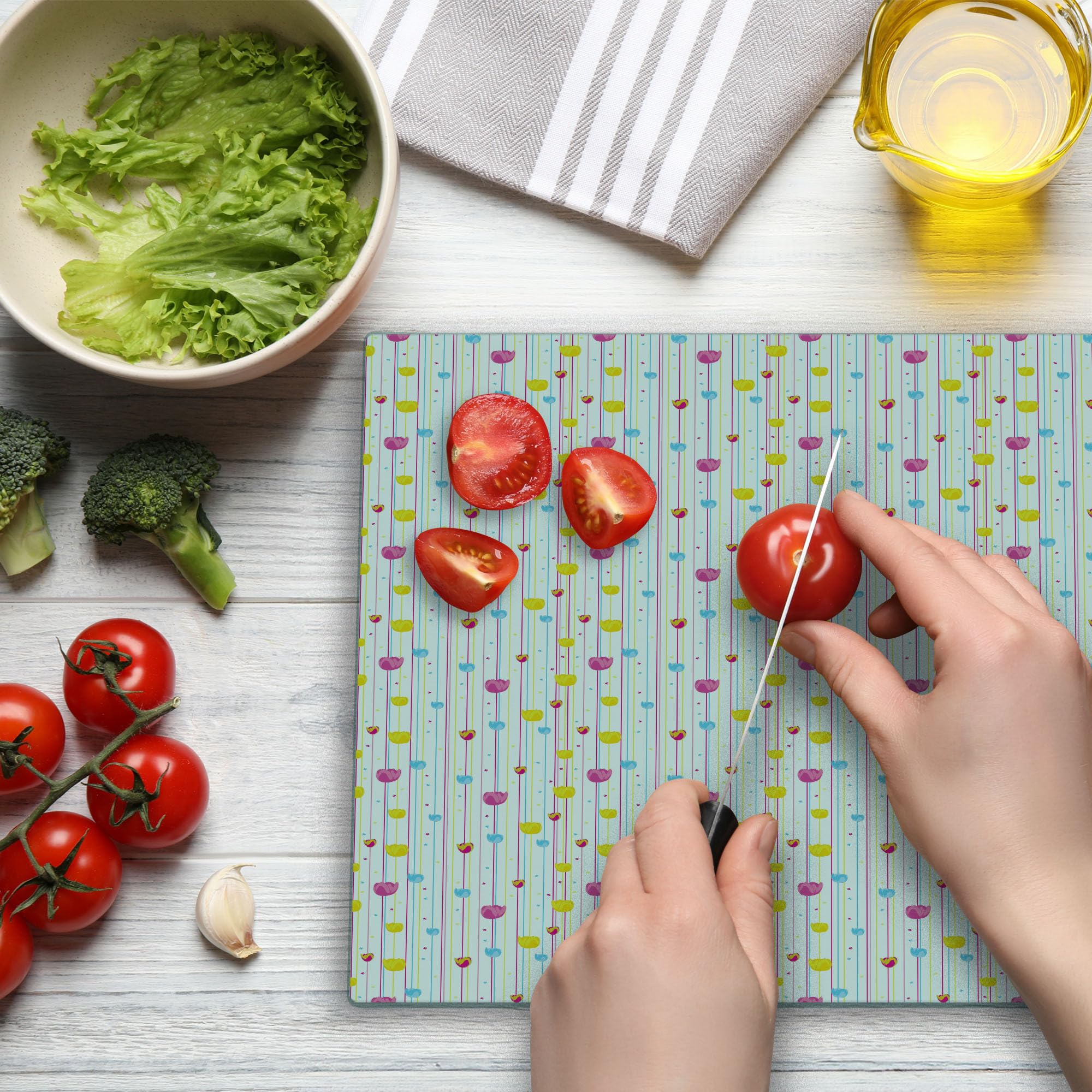 Ambesonne Decorative Glass Cutting Board - Yellow & Blue Stripes with Floral Tulip Design, Large Tempered Glass Serving Board for Kitchen, Charcuterie & Party Platters - Perfect for Entertaining & Home Decor