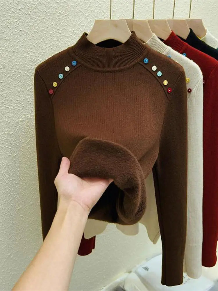 Women's Solid Color Velvet Button Sweater - Korean Fashion Warm Knitwear Long Sleeve Pullover Top for Autumn Winter | Cozy Thick Festival Wear for Holiday Parties & Casual Outings