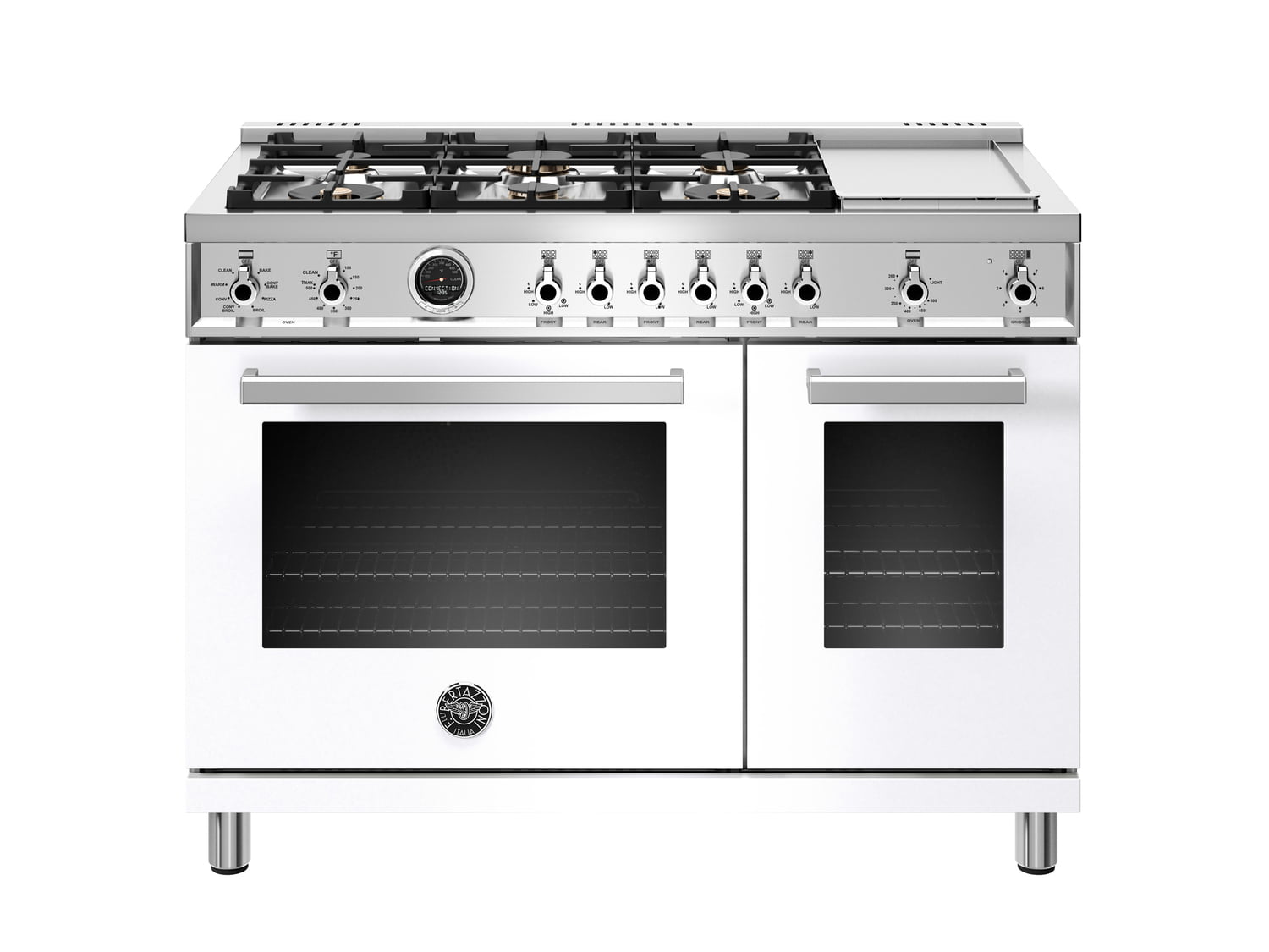 Bertazzoni PROF486GDFSBIT 48 Inch Dual Fuel Range with 6 Brass Burners & Griddle - Electric Self-Cleaning Oven in Bianco White - Perfect for Gourmet Kitchens & Professional Home Chefs