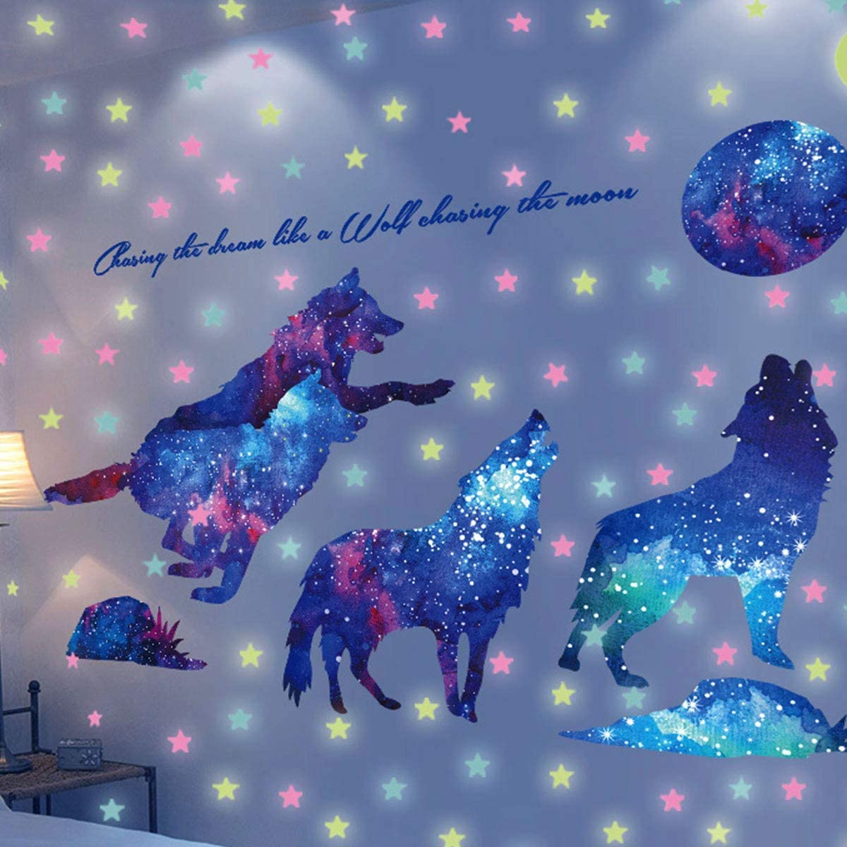 Galaxy Wolf Wall Decal & Glow in the Dark Moon Star Stickers - Space Themed Room Decor for Teens & Kids Bedroom, Nursery, Dorm - Self-Adhesive Removable Wall Art Murals