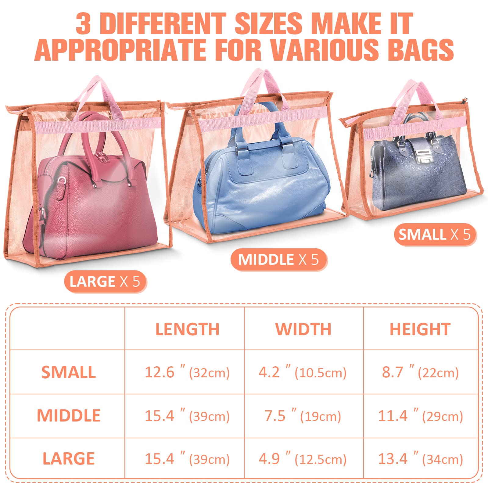 Shappy 15-Piece Clear Dust Cover Organizer Bags for Handbags & Purses - 3 Sizes (5 Each) with Zipper & Handles - Pink Handbag Storage Bags for Closet Organization | Perfect for Travel, Home Storage & Luxury Bag Protection