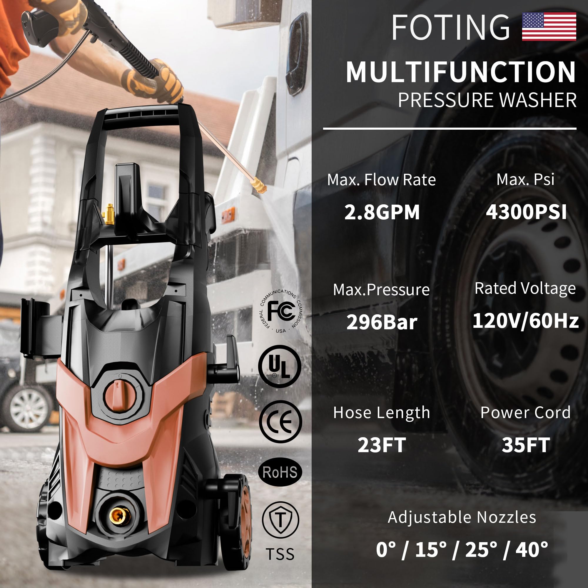 4300 PSI 2.8 GPM Electric Pressure Washer with Foam Cannon & 4 Quick Connect Nozzles - High Power Cleaning Machine for Cars, Fences, Driveways, Patios, Home & Outdoor Cleaning (Ideal for Car Washing, Deck Cleaning, and Household Maintenance)