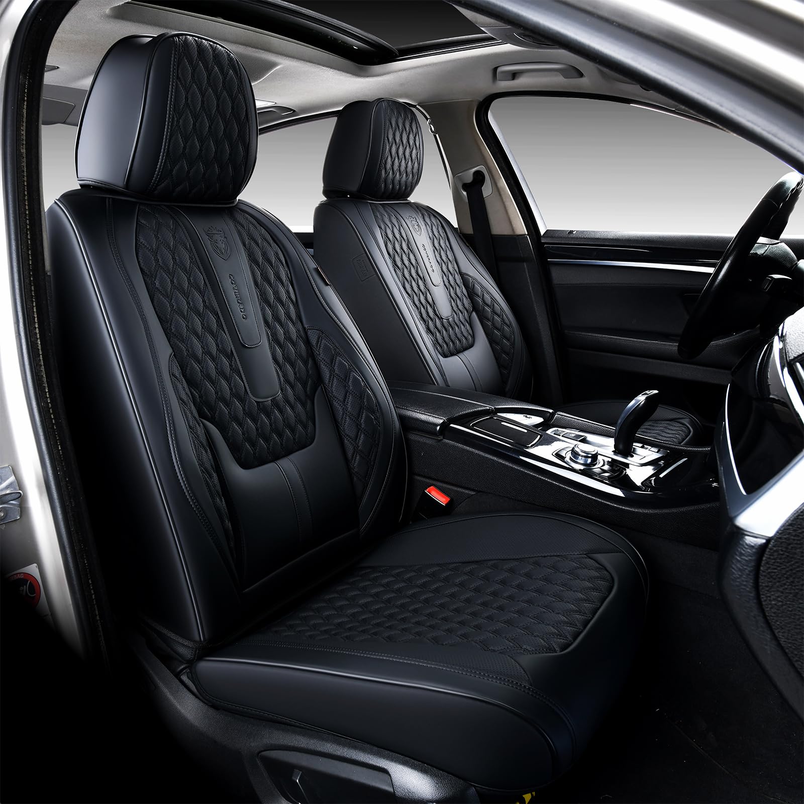 Premium Front Seat Covers for Cars - Universal Fit Nappa Leather Car Seat Protectors with Lumbar Support | Waterproof & Durable Auto Accessories for SUV, Truck, Sedan | Perfect for Daily Commute, Road Trips & Family Travel (Black, Front Seats)