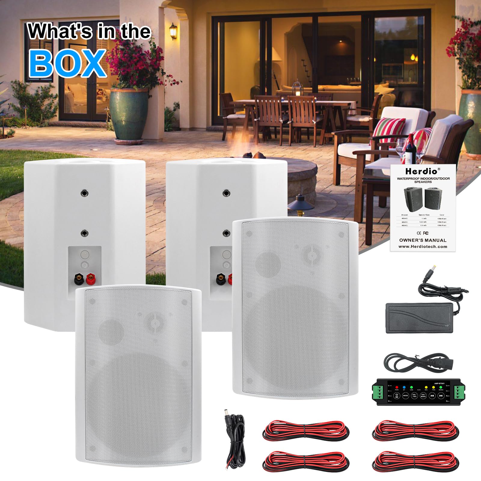 Herdio 800W 6.5 Inch Outdoor Bluetooth Waterproof Speakers with Amplifier - Wall Mounted Sound System for Patio, Garden, Pool Party - Enhanced Bass, Durable & Swivel Brackets (2 Pairs, White) - Perfect for Backyard BBQs, Outdoor Movies & Home Entertainment