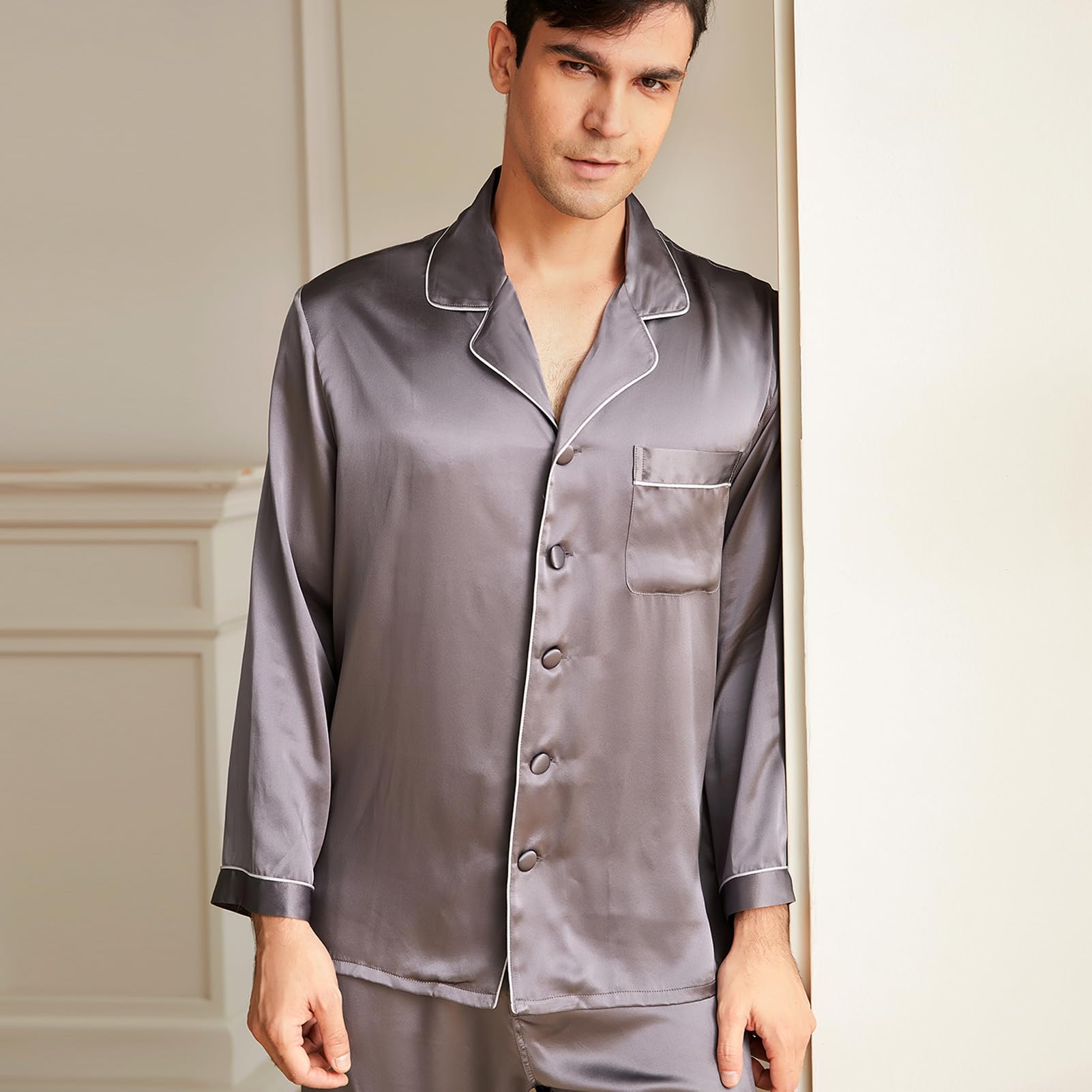 Luxury 19 Momme Mulberry Silk Pajama Set for Men - 2 Piece Long Sleeve Silk Pajamas, Lightweight & Breathable Sleepwear - Perfect for Relaxation, Lounging & Gift Giving